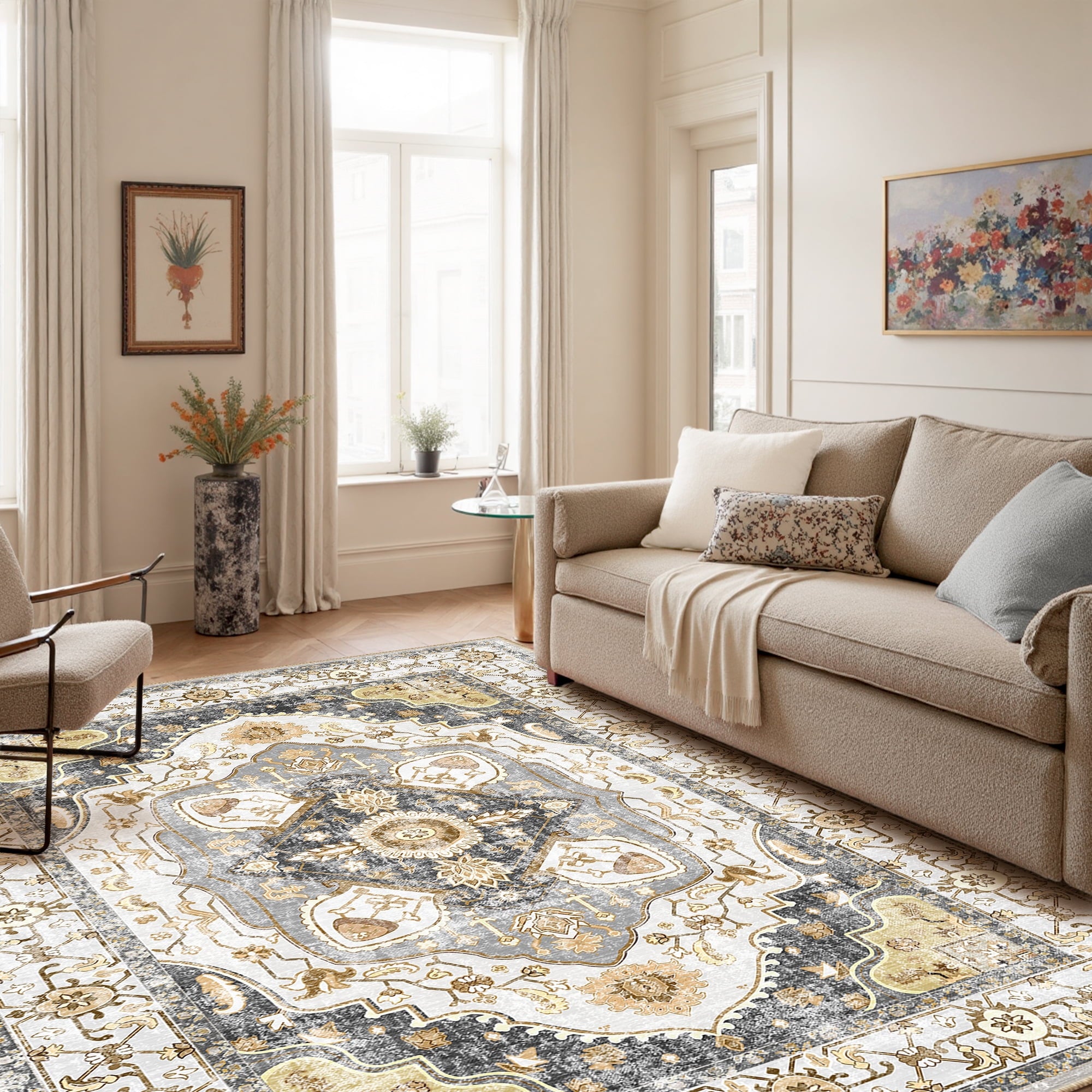 6'x9' Area Rug, Machine Washable Vintage Tribal Low Pile Indoor Carpet, Stain Resistant Non-Slip No-Shedding Soft Area Rugs for Living Room, Gray & Yellow