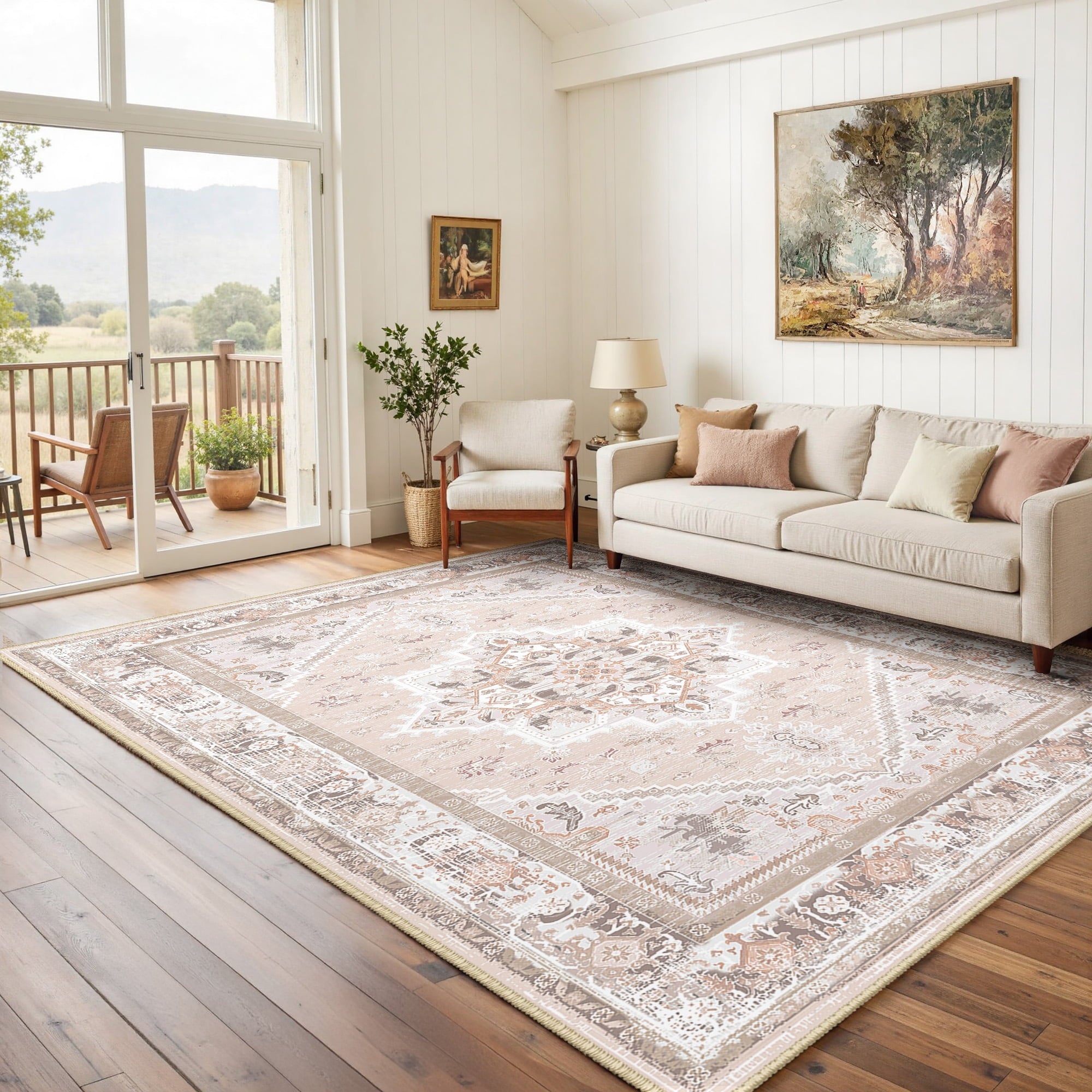 Area Rug 5'x7' Washable, Non Slip Stain Resistant Low Pile Soft Carpet, Vintage Print Pattern Rug for Living Room, Pink