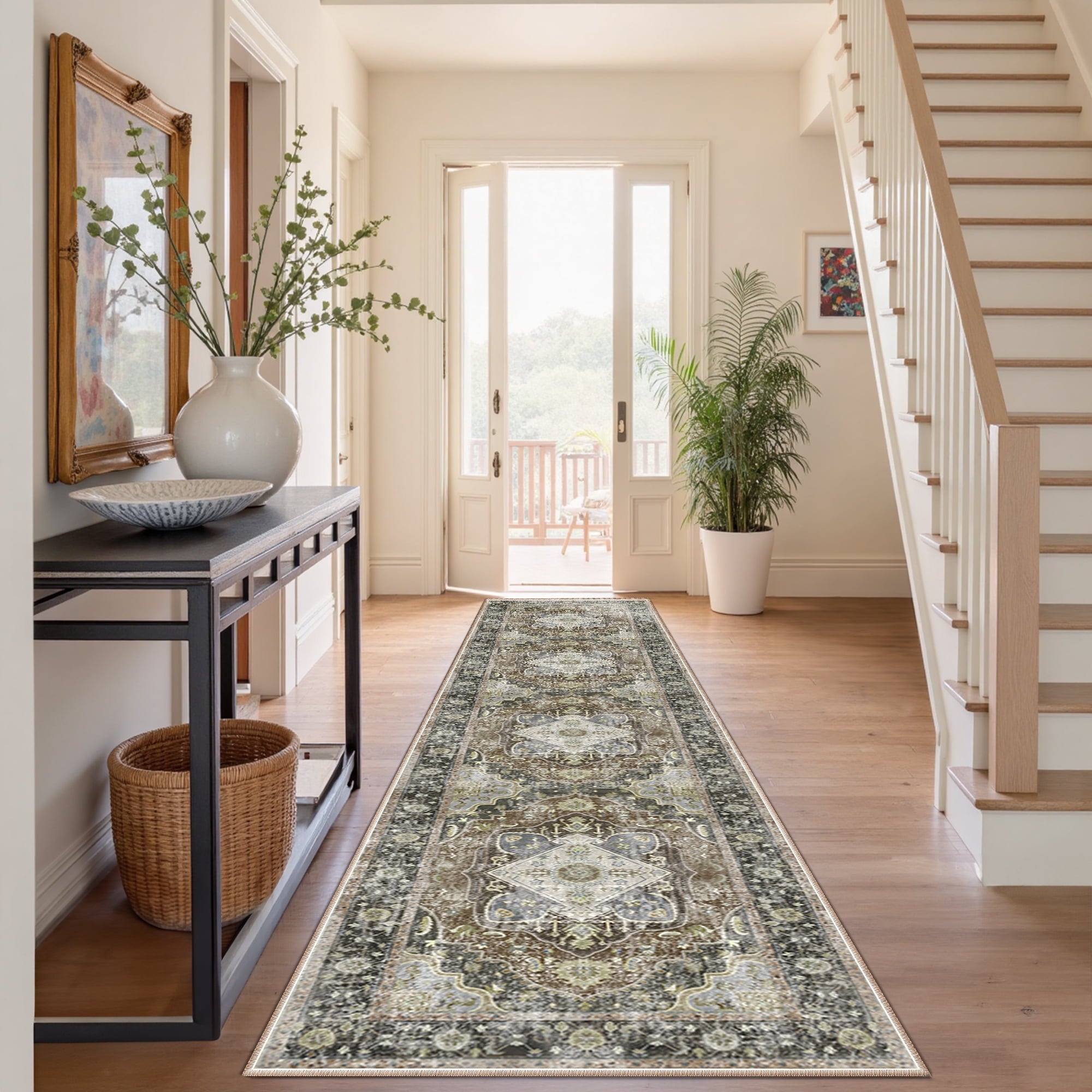 2'x10' Area Rug, Machine Washable Vintage Tribal Low Pile Indoor Carpet, Stain Resistant Non-Slip No-Shedding Soft Runner Rugs for Hallway, Dark Green
