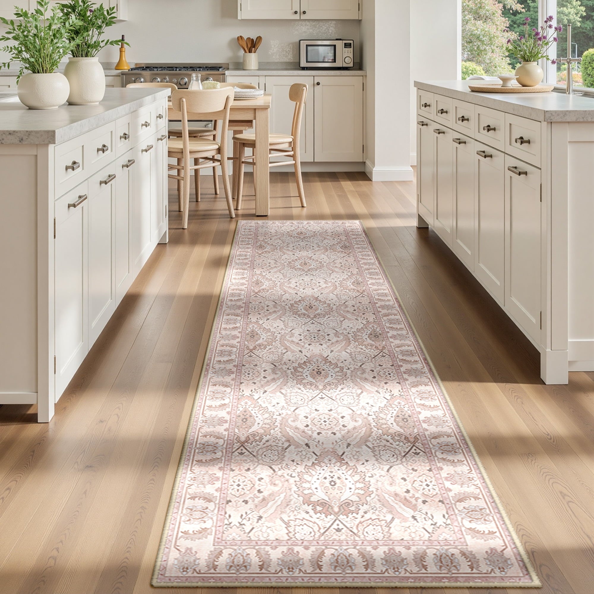 Boho Runner Rug 2'x10', Machine Washable Non-Slip Vintage Bohemian Carpet, Indoor Soft Stain Resistant Low Pile Rug for Hallway, Pink