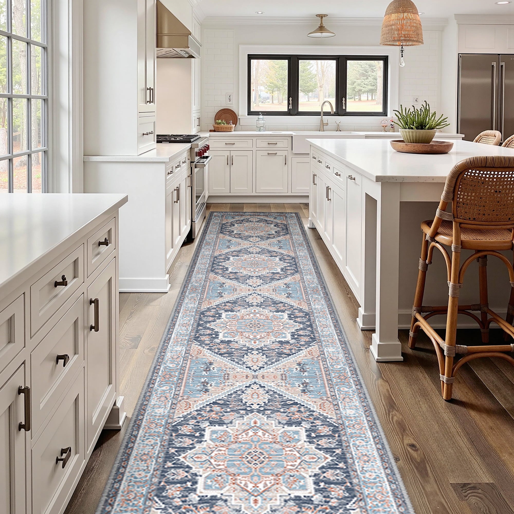 Area Rug 2'x10' Washable, Non Slip Stain Resistant Low Pile Soft Carpet, Vintage Print Pattern Runner Rug for Hallway, Navy