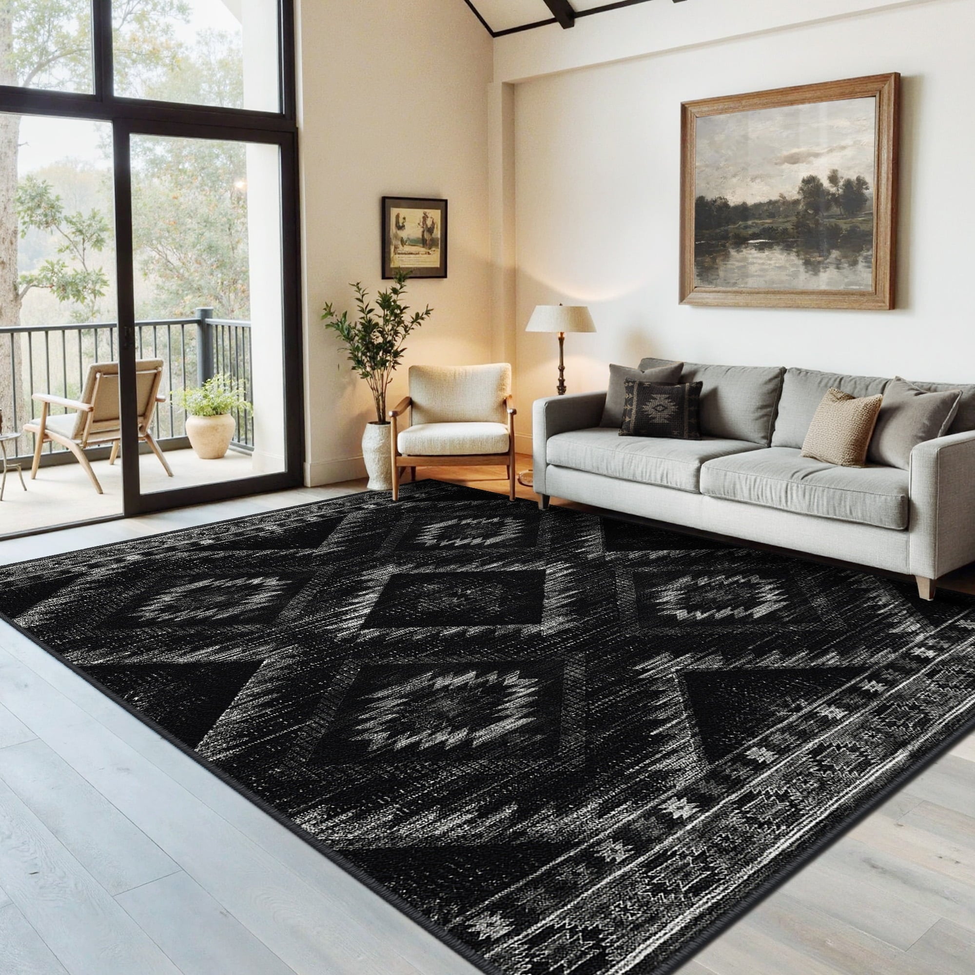 NewBuros 5'x7' Area Rugs for Living Room, Machine Washable Non-Slip Rugs, Low Pile Print Pattern Vintage Distressed Moroccan Western Carpet, Black
