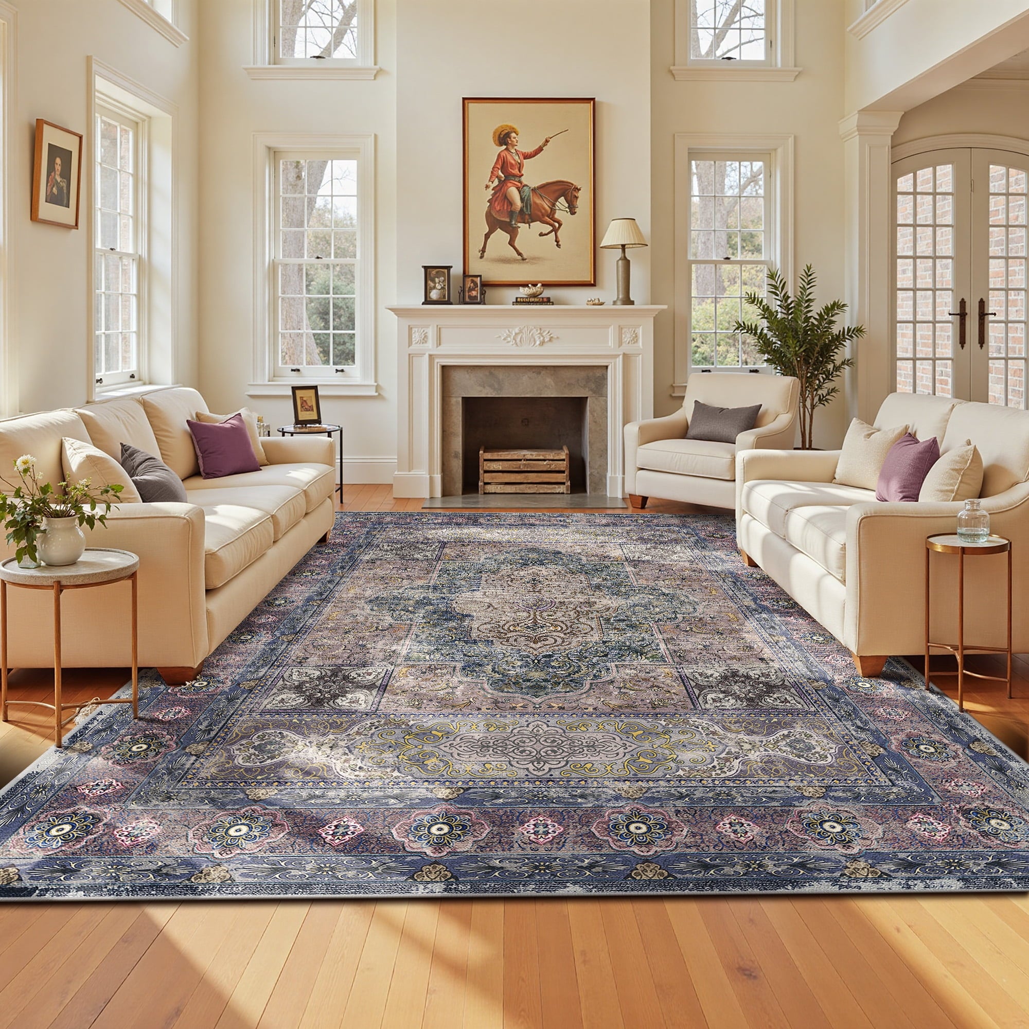 8'x10' Area Rugs for Living Room, Machine Washable No-Pile Non-Slip Soft Vintage Rugs, Indoor Print Bohemian Distressed Carpet, Purple