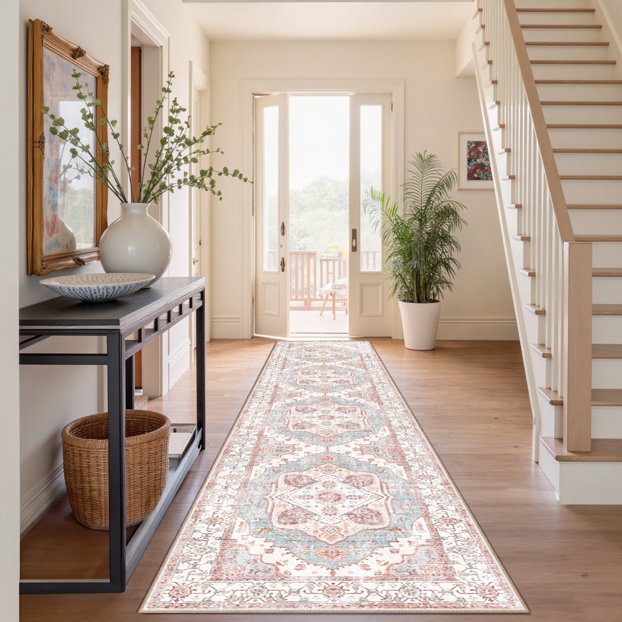 2'x10' Area Rug, Machine Washable Vintage Tribal Low Pile Indoor Carpet, Stain Resistant Non-Slip No-Shedding Soft Runner Rugs for Hallway, Pink