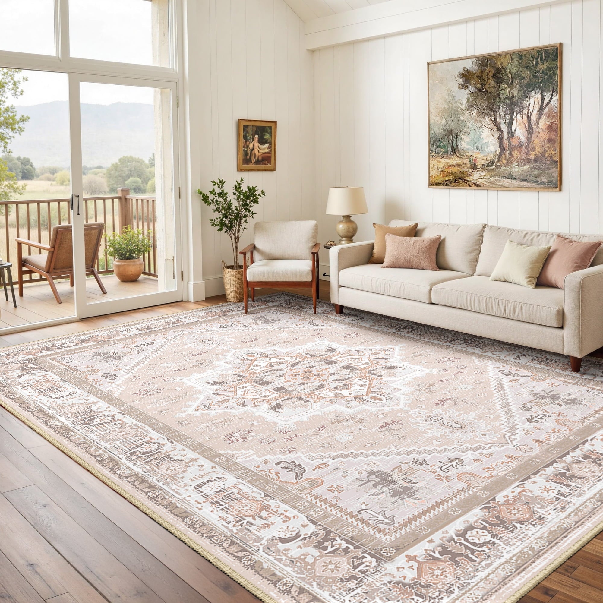 Area Rug 6'x9' Washable, Non Slip Stain Resistant Low Pile Soft Carpet, Vintage Print Pattern Rug for Living Room, Pink