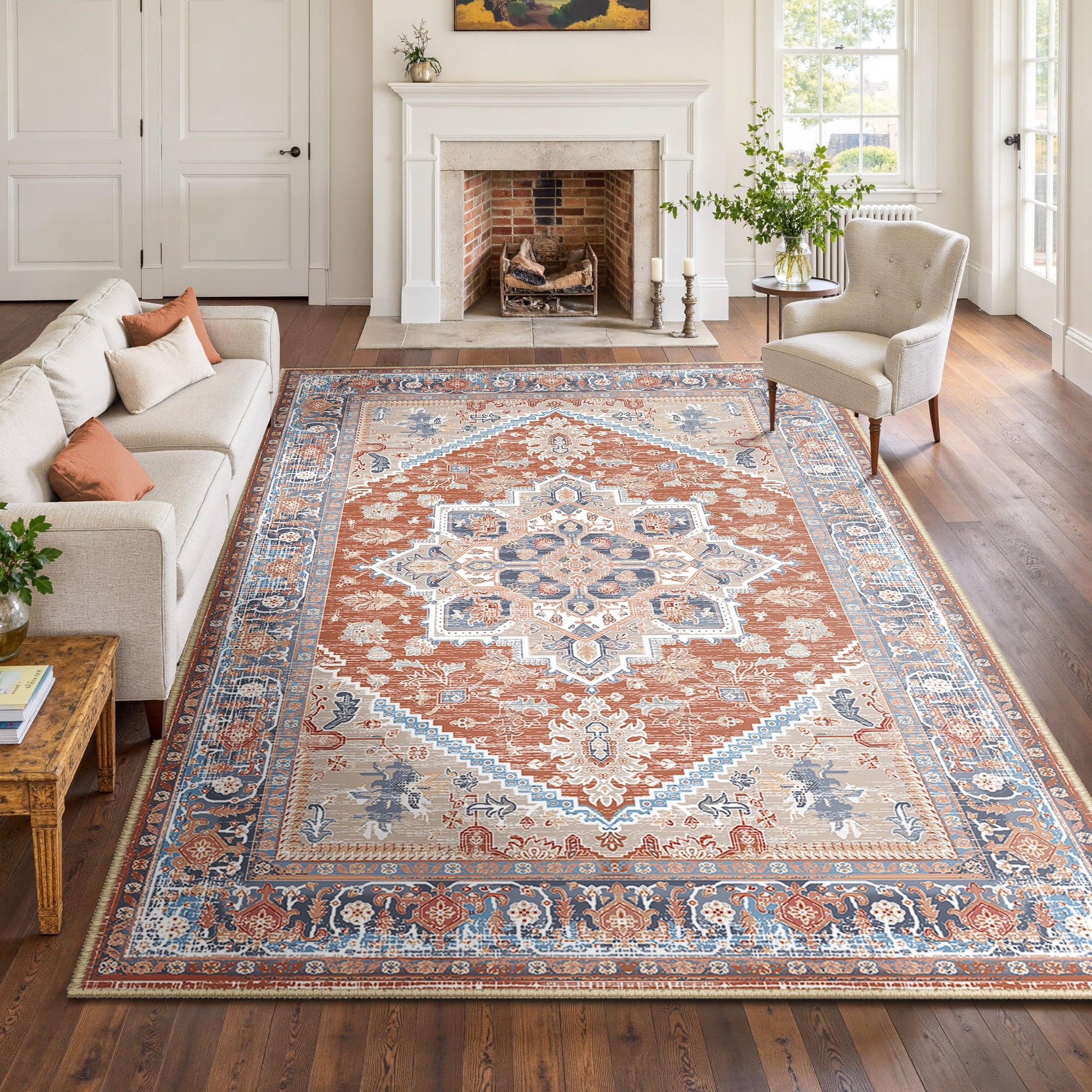 Area Rug 8'x10' Washable, Non Slip Stain Resistant Low Pile Soft Carpet, Vintage Print Pattern Rug for Living Room, Brick