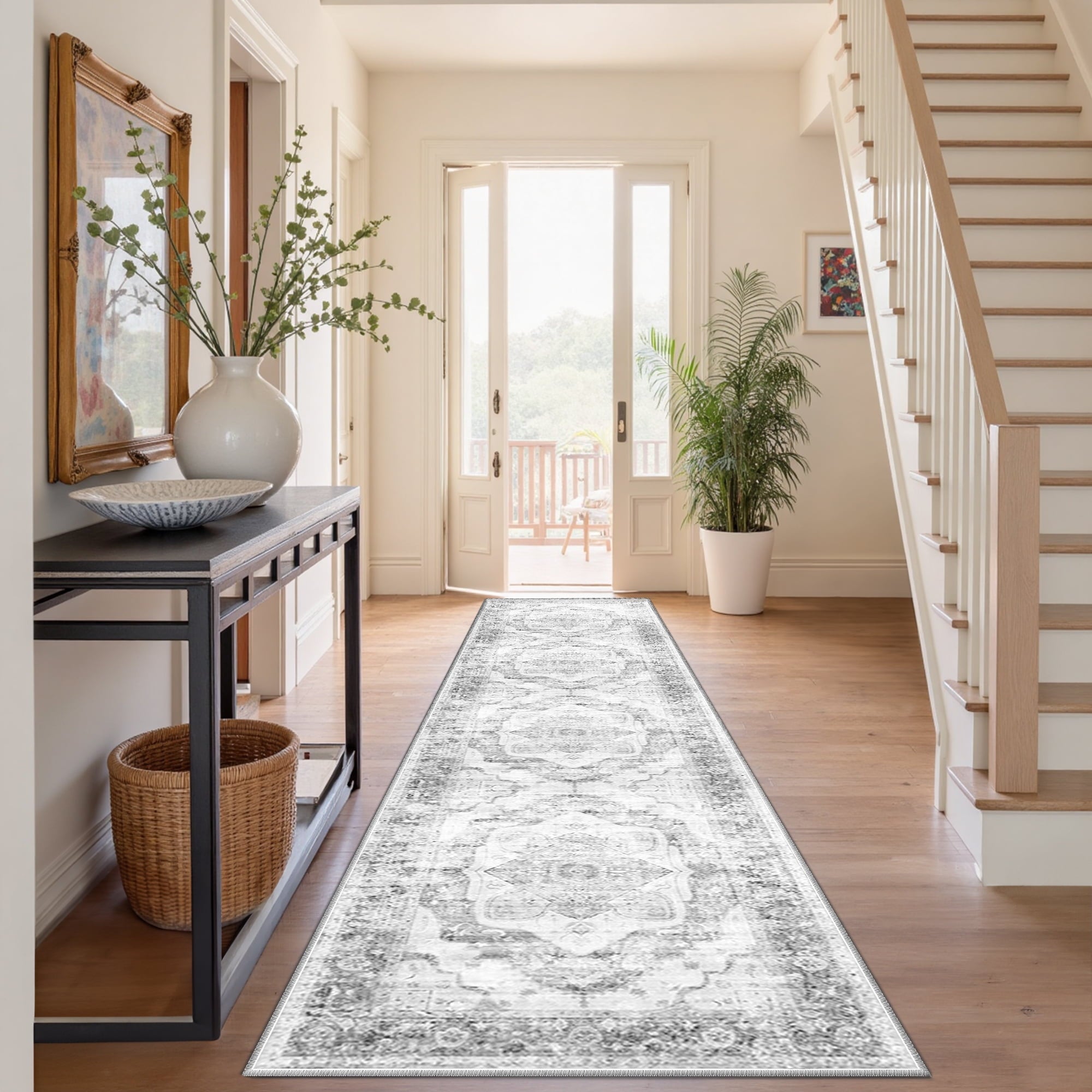 2'x10' Area Rug, Machine Washable Vintage Tribal Low Pile Indoor Carpet, Stain Resistant Non-Slip No-Shedding Soft Runner Rugs for Hallway, Gray & Black