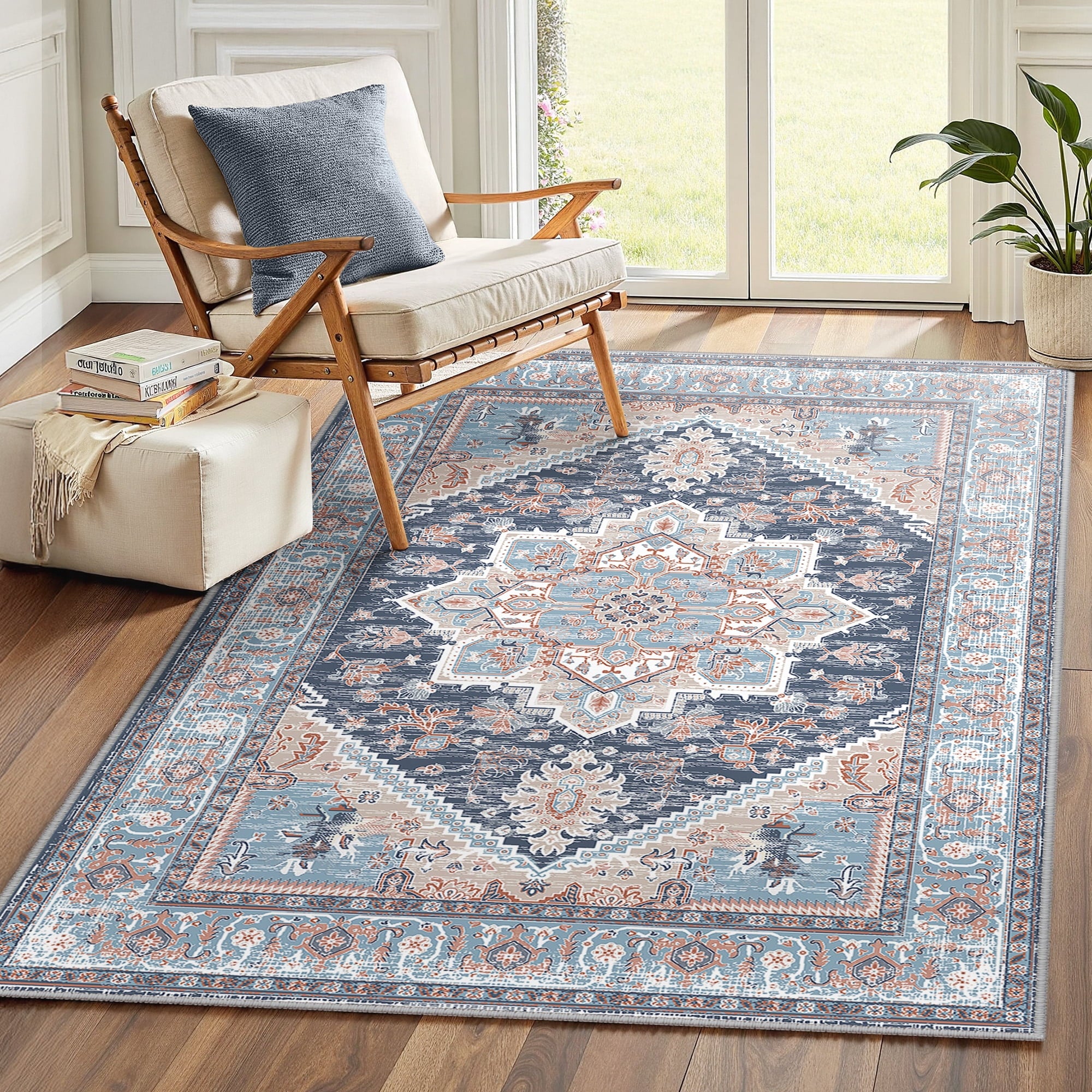 Area Rug 3'x5' Washable, Non Slip Stain Resistant Low Pile Soft Carpet, Vintage Print Pattern Rug for Living Room, Navy
