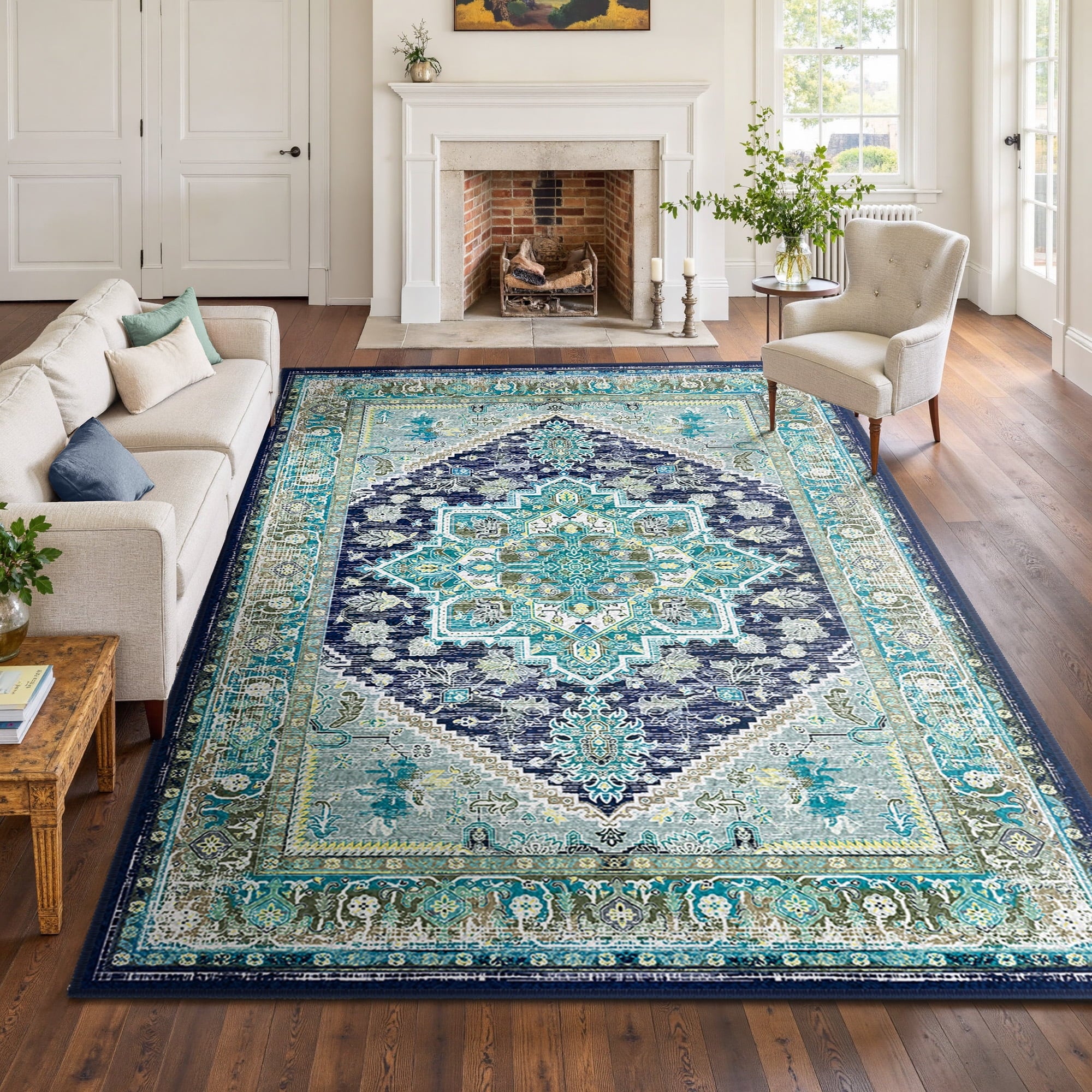 Area Rug 8'x10' Washable, Non Slip Stain Resistant Low Pile Soft Carpet, Vintage Print Pattern Rug for Living Room, Blue & Green
