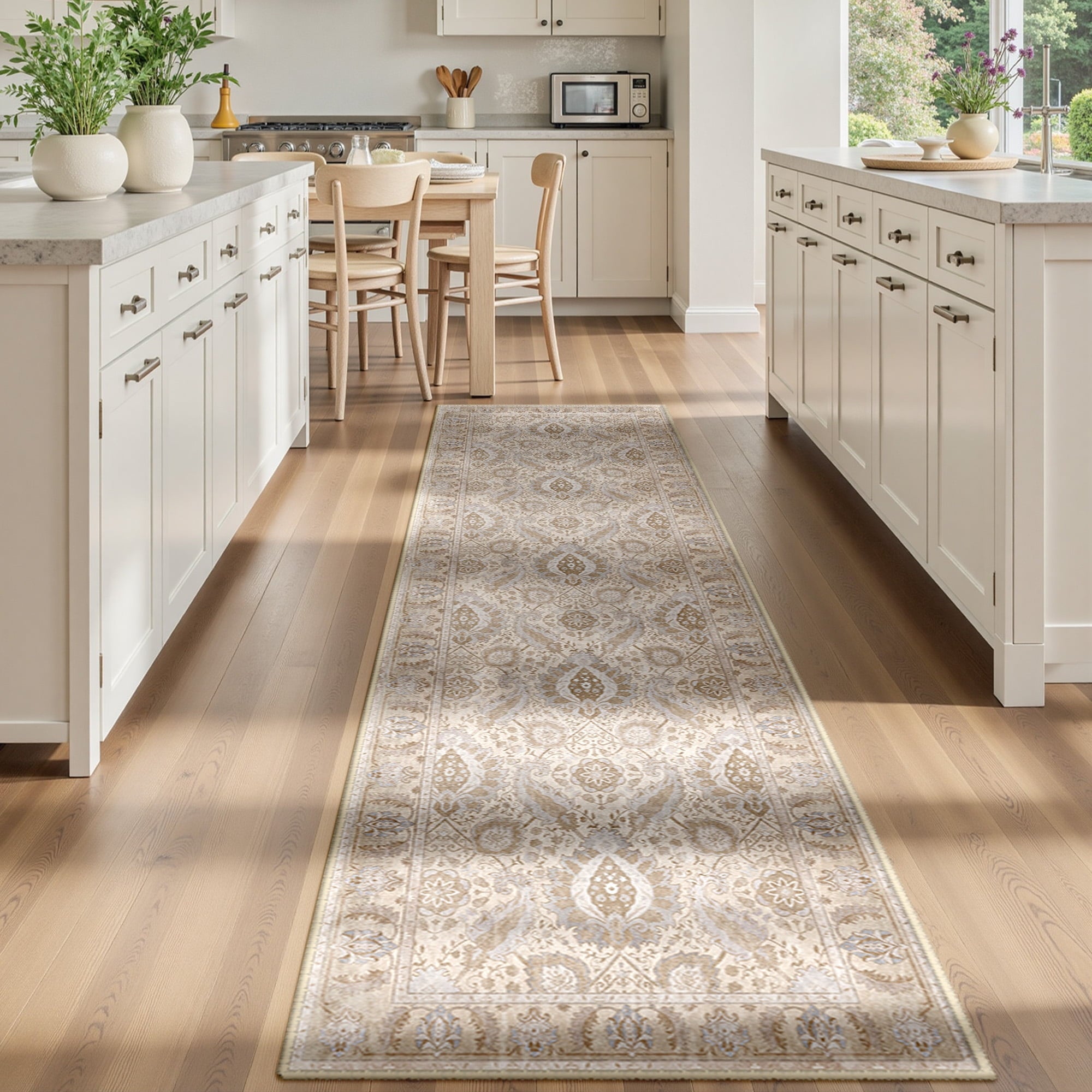 Boho Runner Rug 2'x10', Machine Washable Non-Slip Vintage Bohemian Carpet, Indoor Soft Stain Resistant Low Pile Rug for Hallway, Khaki