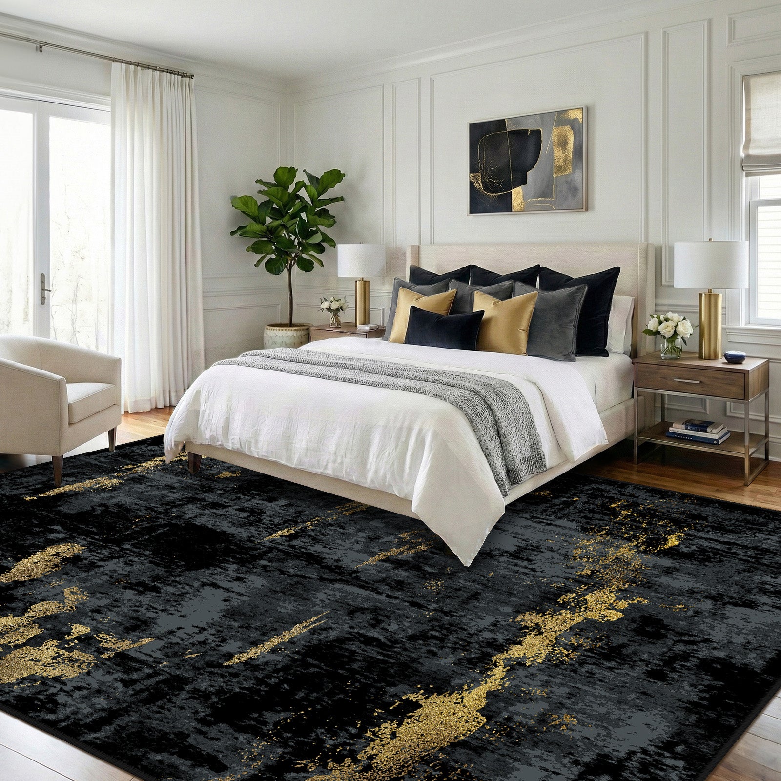 NewBuors 6'x9' Area Rugs, Machine Washable Rugs for Living Room, Modern Abstract Low Pile Soft Indoor Non-Slip Carpet for Bedroom Nursery, darkblackgold