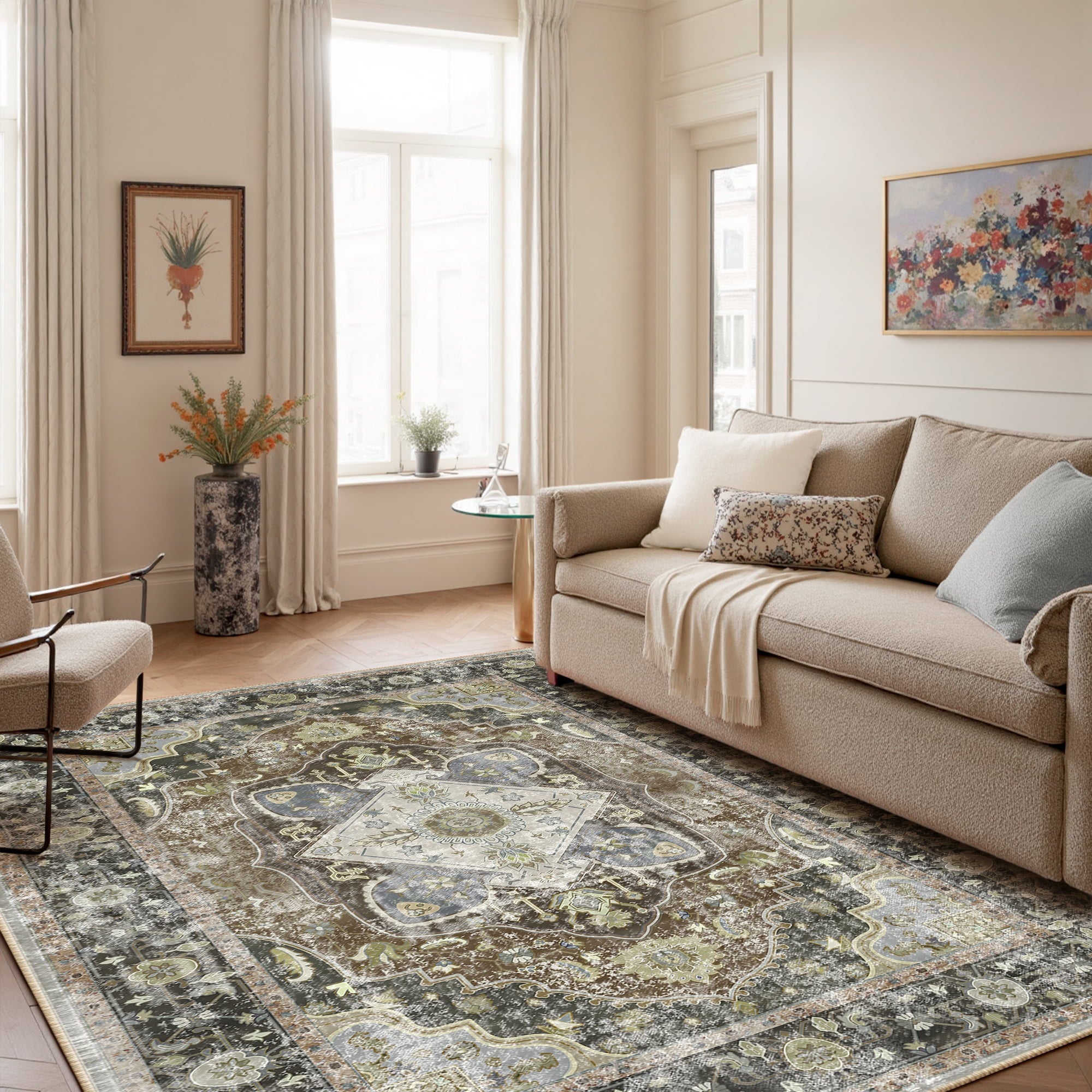 5'x7' Area Rug, Machine Washable Vintage Tribal Low Pile Indoor Carpet, Stain Resistant Non-Slip No-Shedding Soft Area Rugs for Living Room, Dark Green