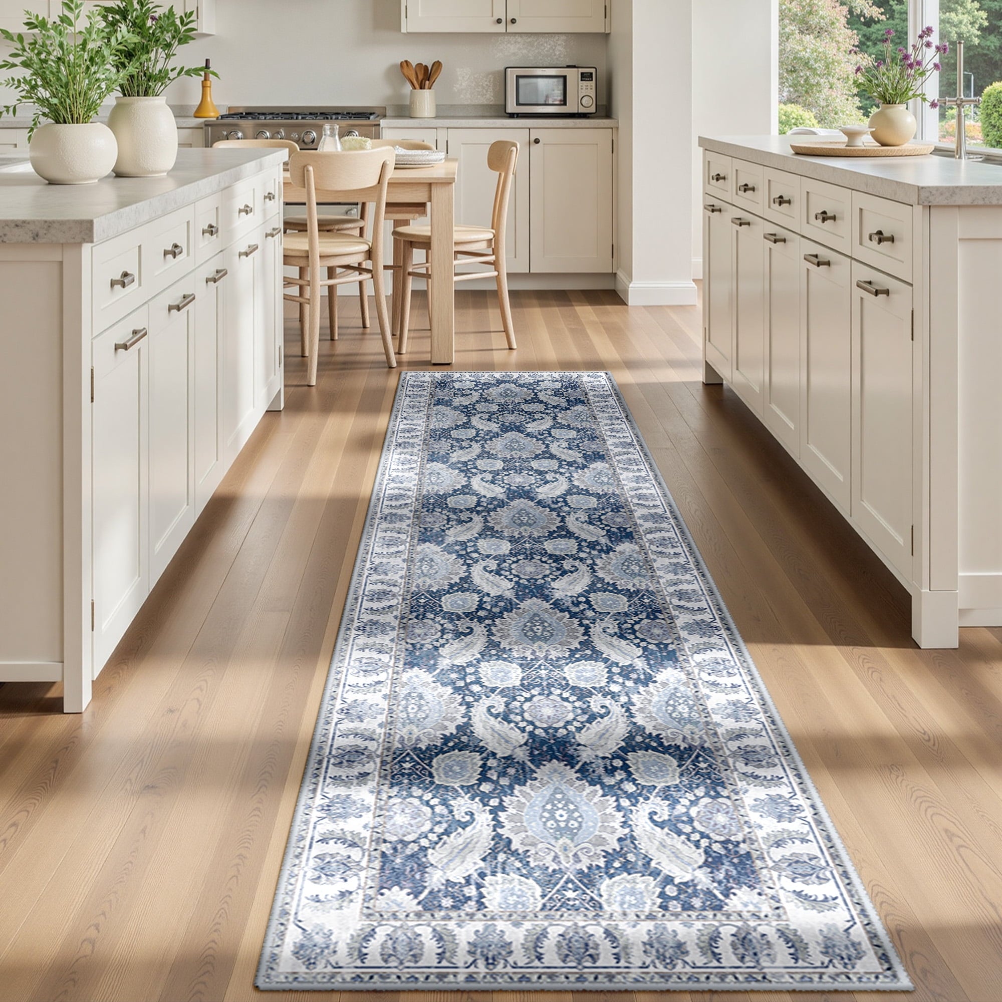 Boho Runner Rug 2'x10', Machine Washable Non-Slip Vintage Bohemian Carpet, Indoor Soft Stain Resistant Low Pile Rug for Hallway, Navy Blue