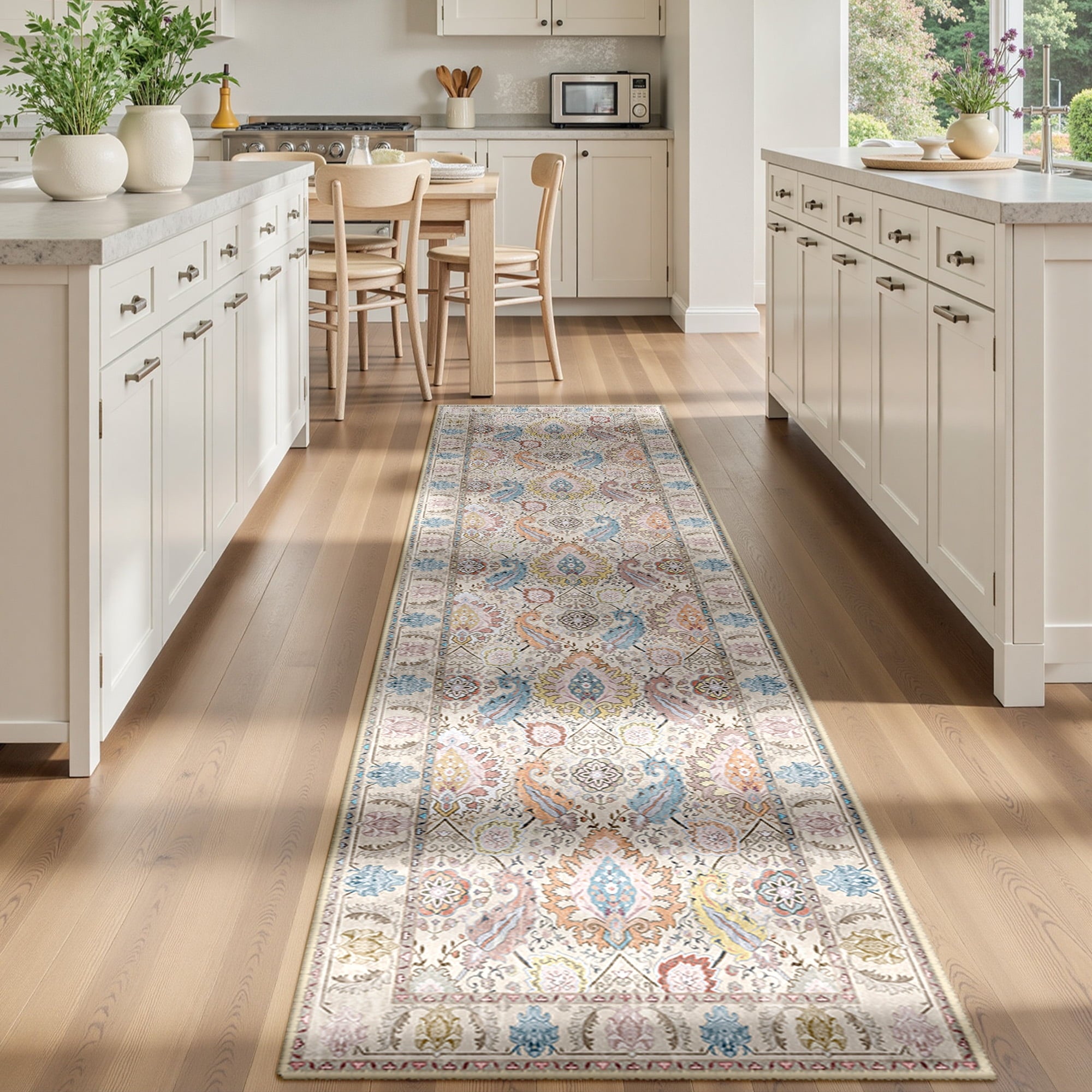 Boho Runner Rug 2'x10', Machine Washable Non-Slip Vintage Bohemian Carpet, Indoor Soft Stain Resistant Low Pile Rug for Hallway, Cream