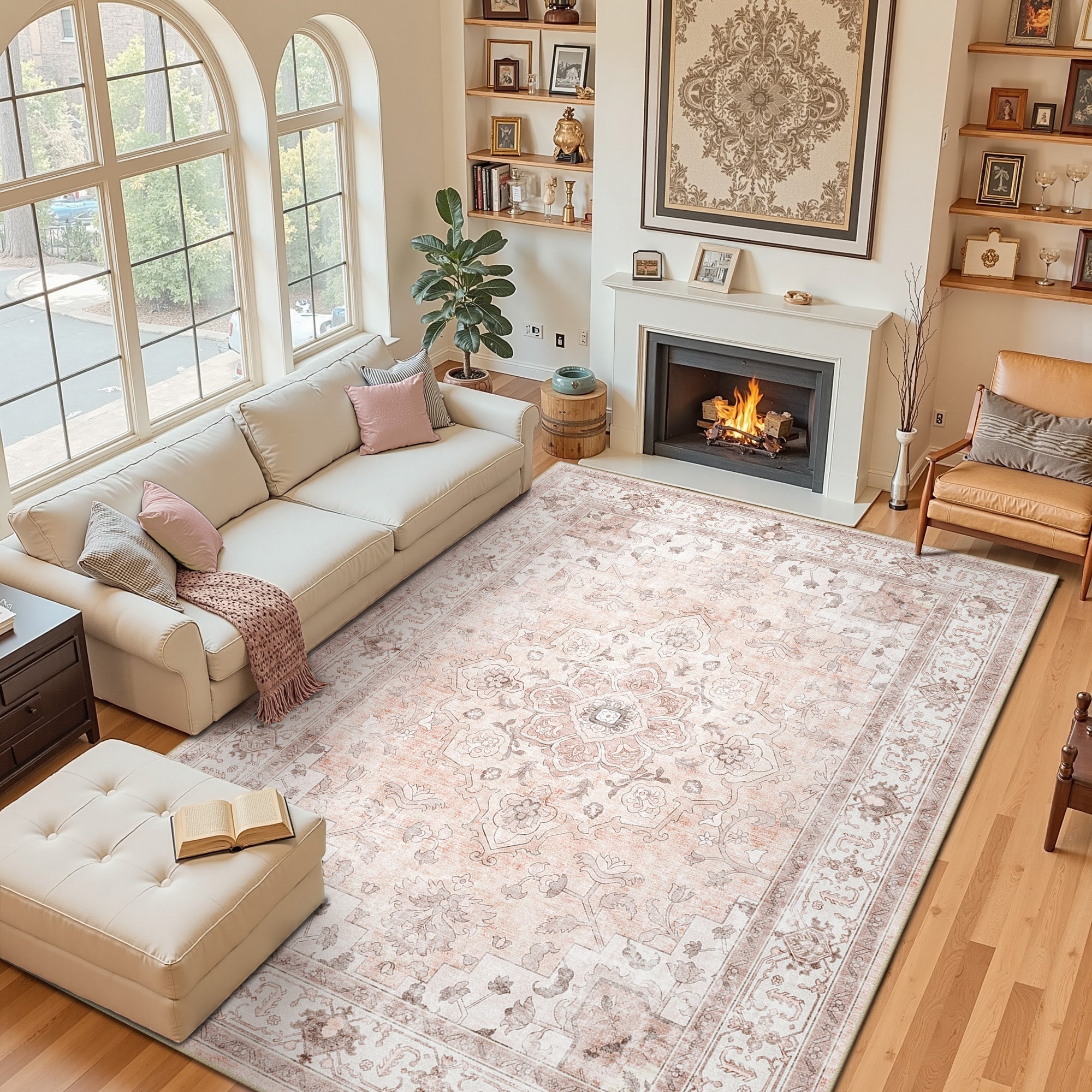 Area Rugs 9'x12', Machine Washable Non-slip Stain Resistance Low Pile Carpet, Soft Vintage Print Pattern Area Rugs for Living Room, Pink