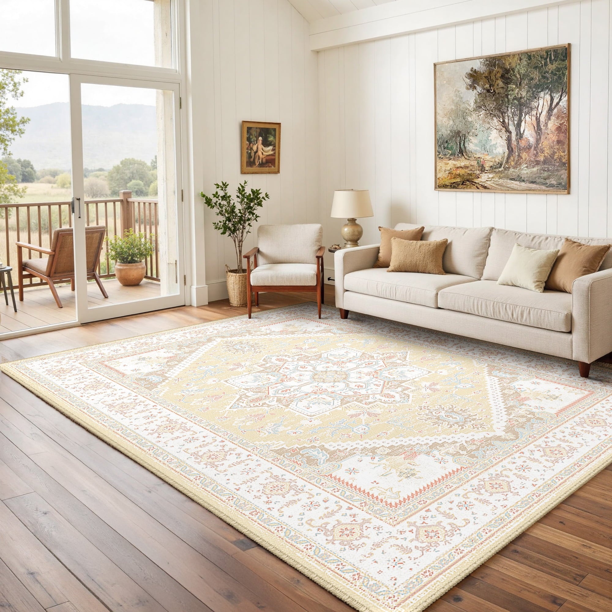 Area Rug 5'x7' Washable, Non Slip Stain Resistant Low Pile Soft Carpet, Vintage Print Pattern Rug for Living Room, Cream