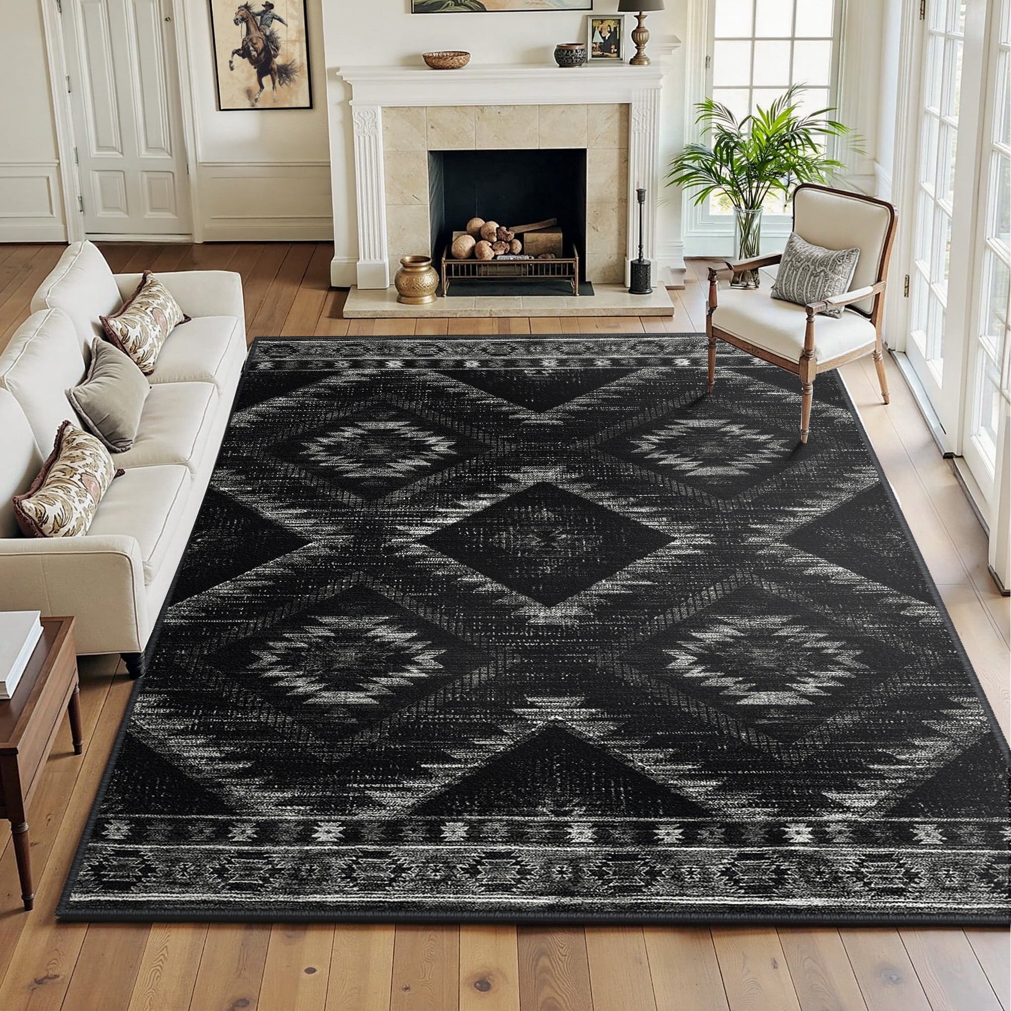 NewBuros 8'x10' Area Rugs for Living Room, Machine Washable Non-Slip Rugs, Low Pile Print Pattern Vintage Distressed Moroccan Western Carpet, Black