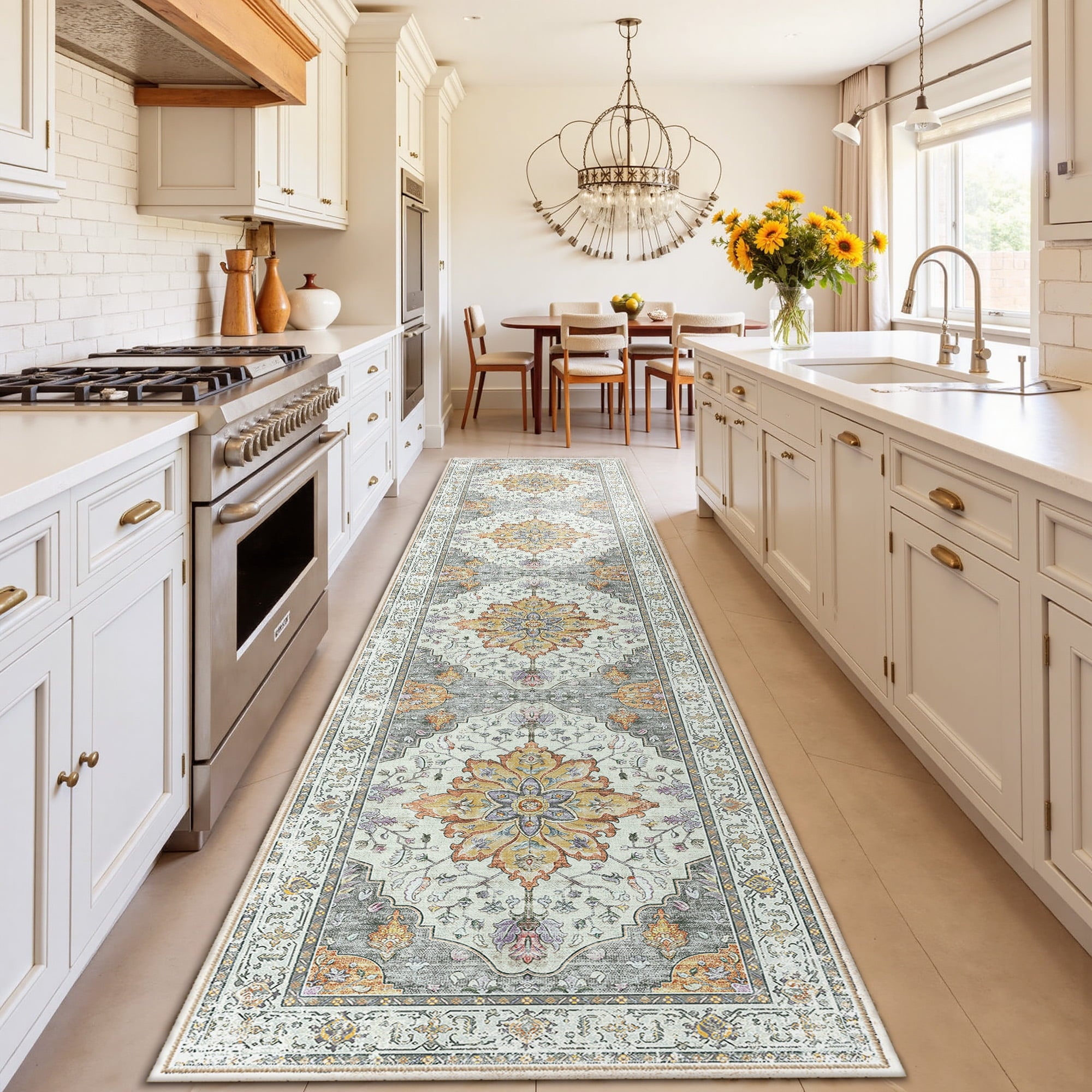 Runner Rugs 2'x10' for Hallway, Machine Washable Non-Slip Entryway Rug, Low Pile Floral Vintage Distress Print Pattern Medallion Carpet, Light Yellow Gray