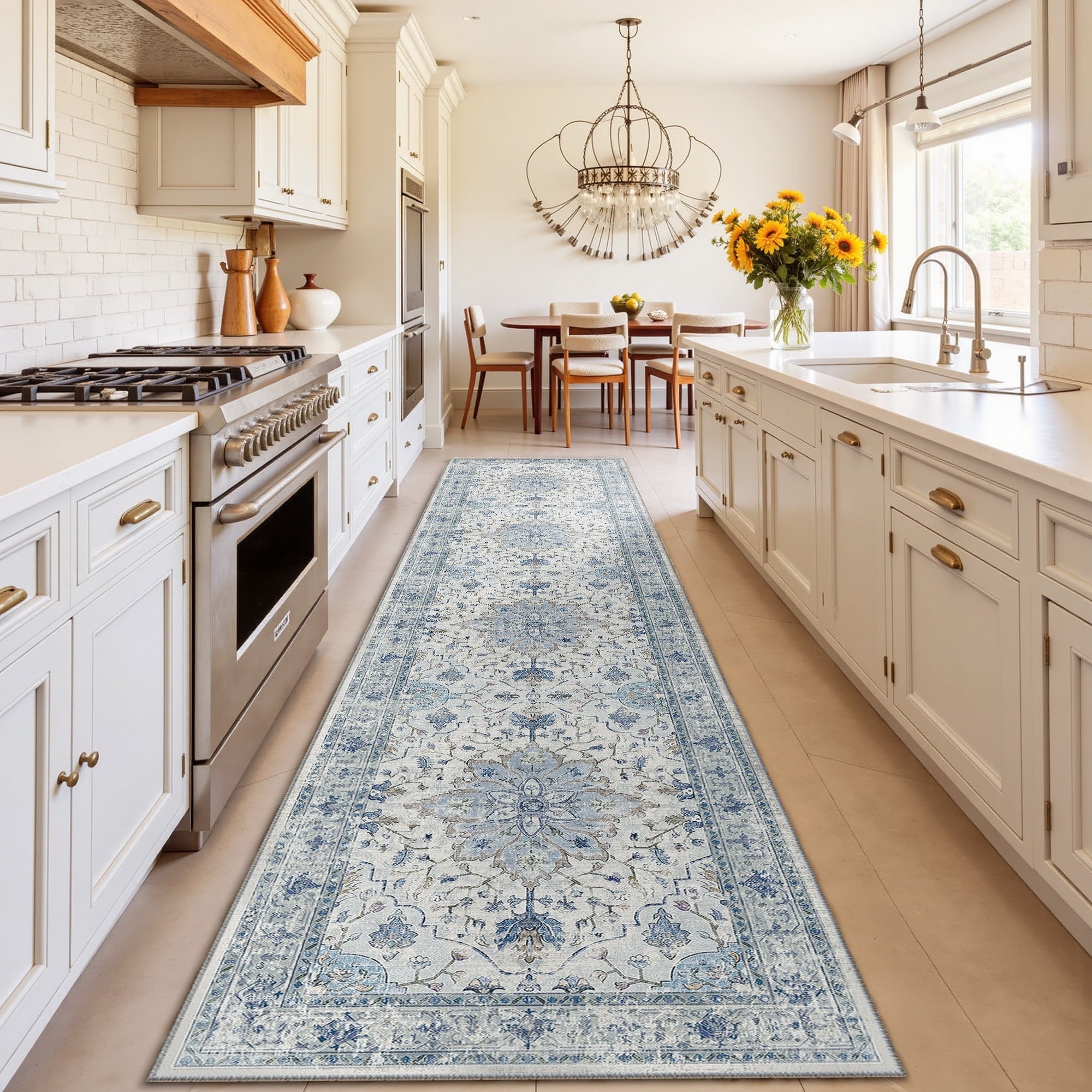 Runner Rugs 2'x10' for Hallway, Machine Washable Non-Slip Entryway Rug, Low Pile Floral Vintage Distress Print Pattern Medallion Carpet, Blue Beige