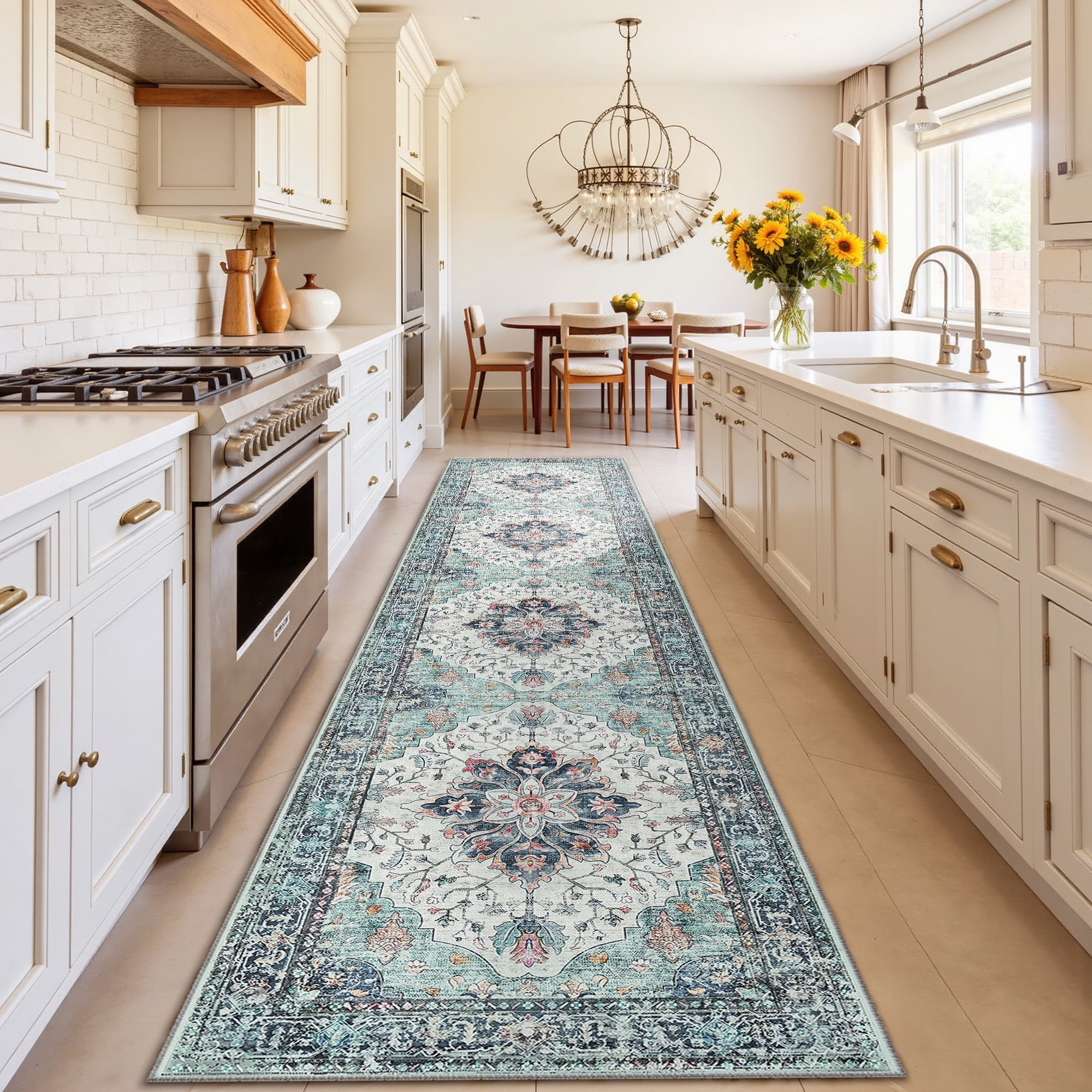 Runner Rugs 2'x10' for Hallway, Machine Washable Non-Slip Entryway Rug, Low Pile Floral Vintage Distress Print Pattern Medallion Carpet, Navy Blue White