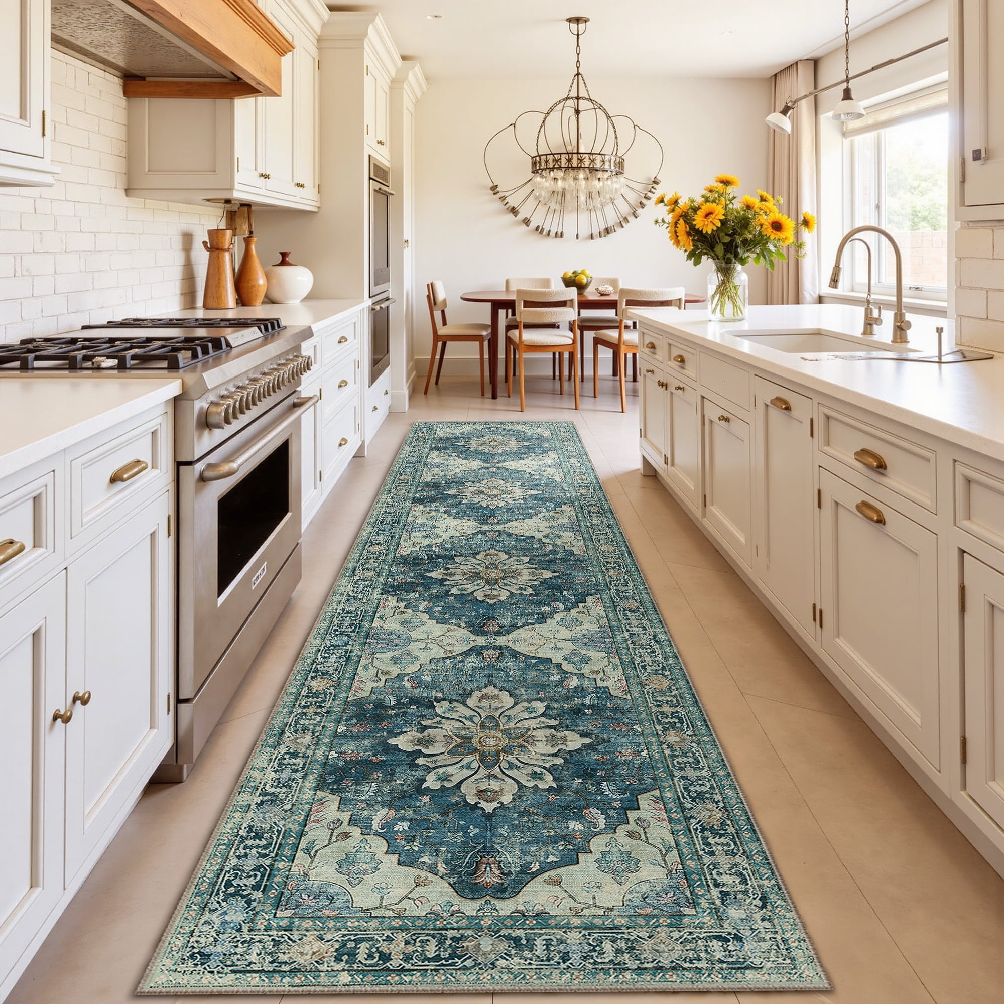 Runner Rugs 2'x10' for Hallway, Machine Washable Non-Slip Entryway Rug, Low Pile Floral Vintage Distress Print Pattern Medallion Carpet, Dark Blue