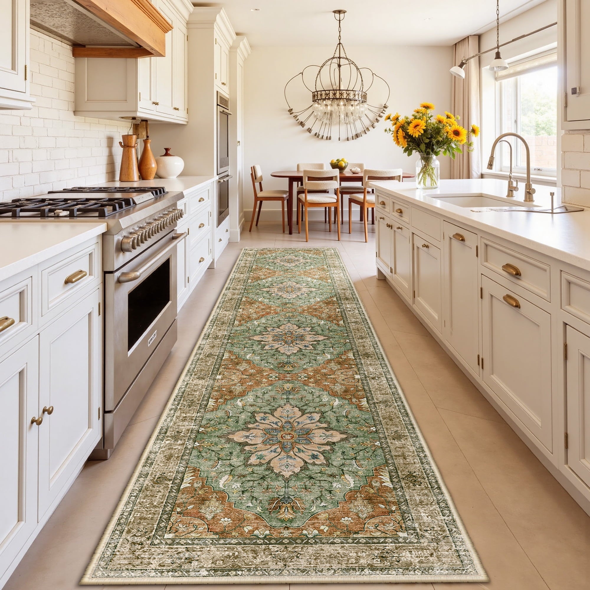 Runner Rugs 2'x10' for Hallway, Machine Washable Non-Slip Entryway Rug, Low Pile Floral Vintage Distress Print Pattern Medallion Carpet, Brick Red Green