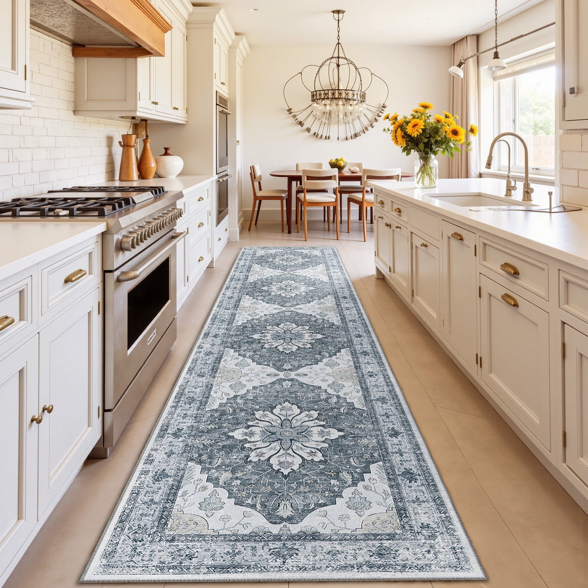 Runner Rugs 2'x10' for Hallway, Machine Washable Non-Slip Entryway Rug, Low Pile Floral Vintage Distress Print Pattern Medallion Carpet, Gray White