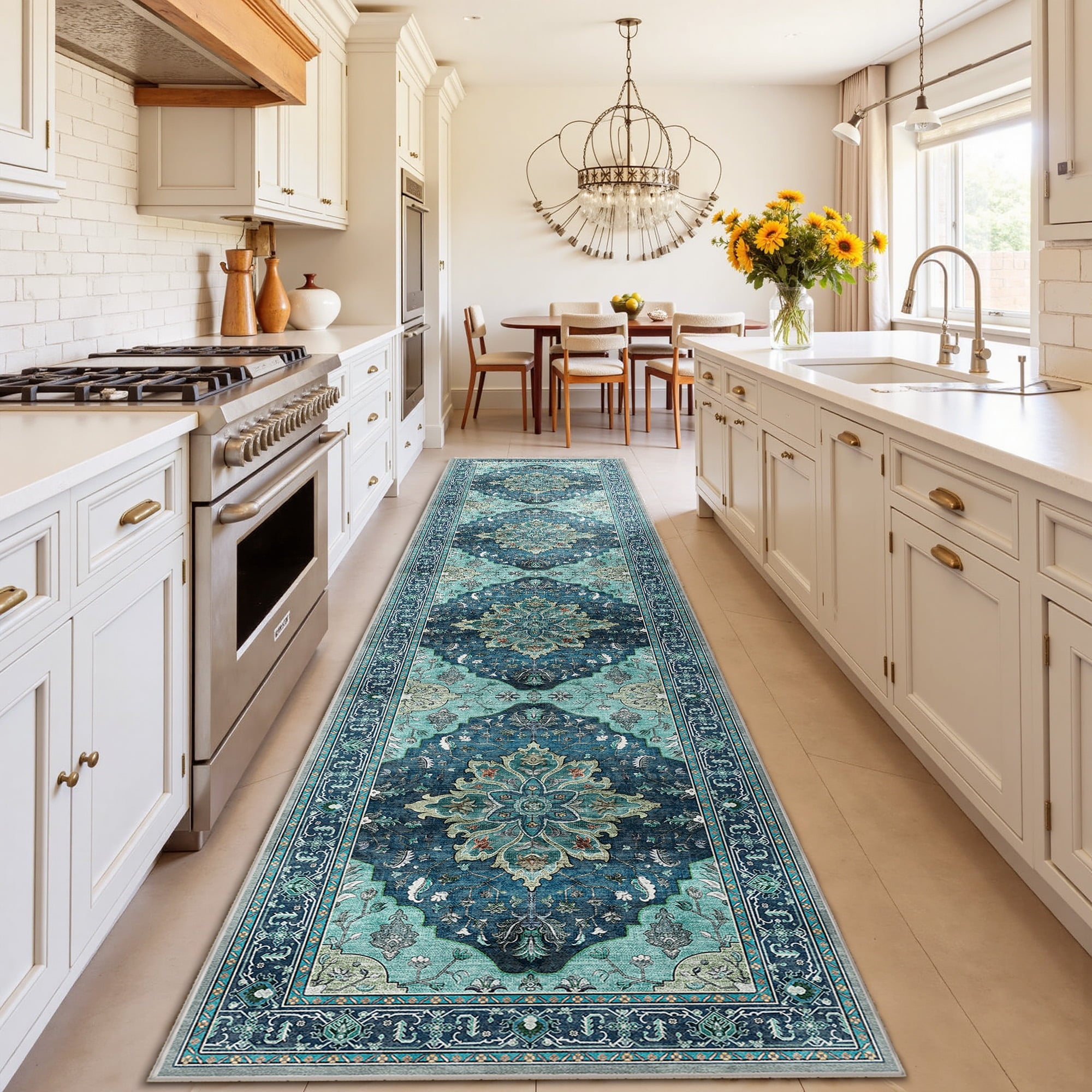 Runner Rugs 2'x10' for Hallway, Machine Washable Non-Slip Entryway Rug, Low Pile Floral Vintage Distress Print Pattern Medallion Carpet, Teal Green