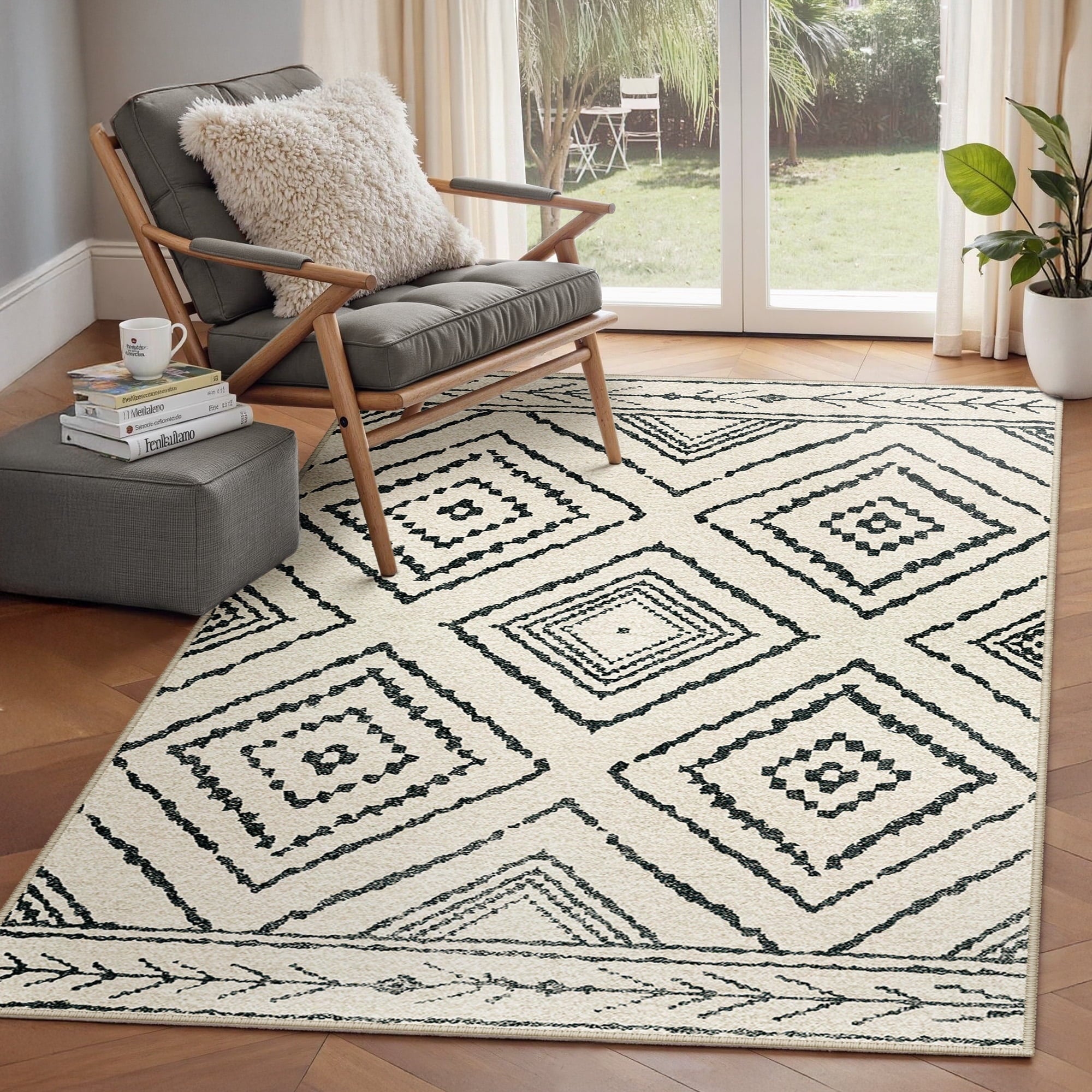 3'x5' Area Rugs for Living Room, Machine Washable Non-Slip Rugs, Low Pile Print Pattern Vintage Distressed Moroccan Western Carpet, White & Black