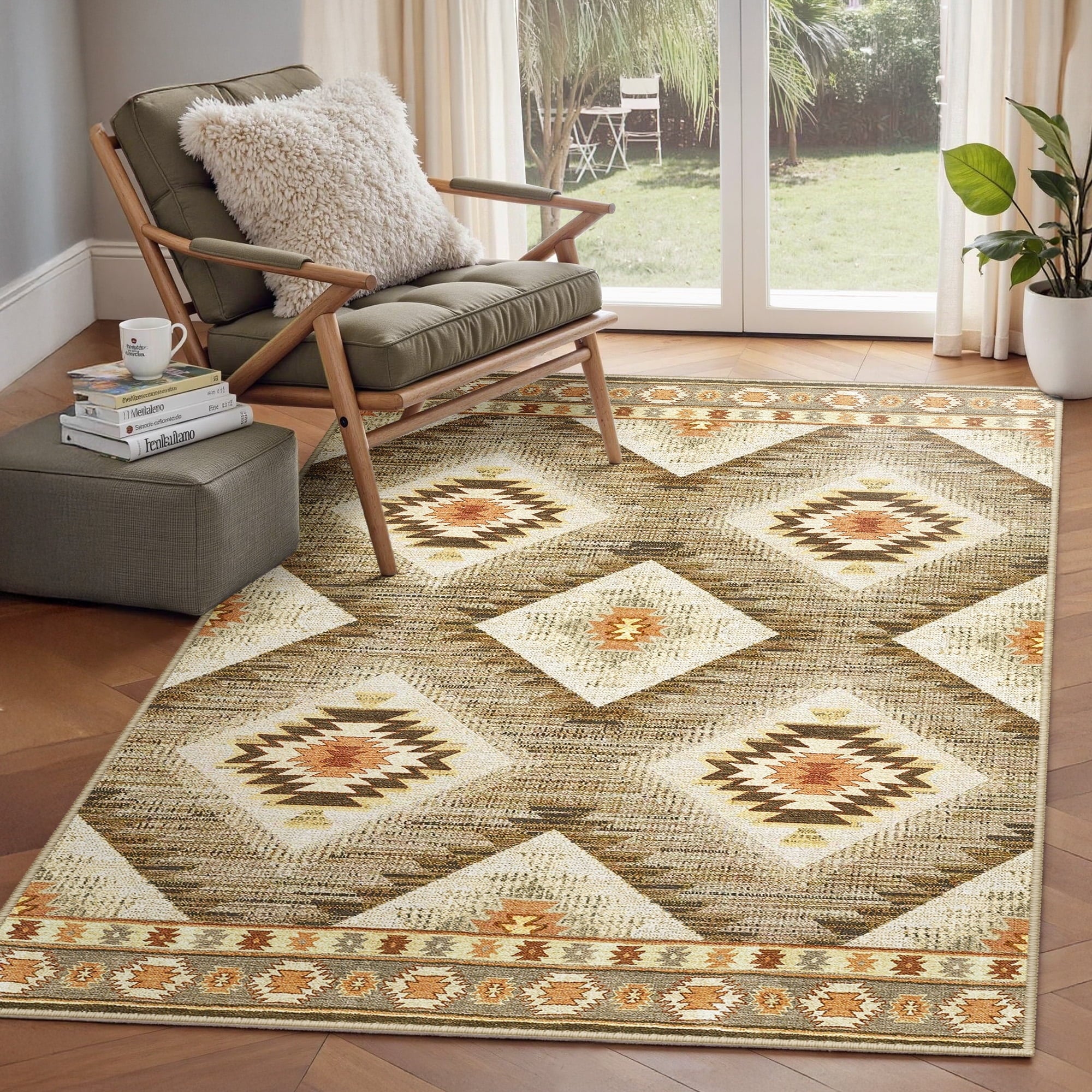 3'x5' Area Rugs for Living Room, Machine Washable Non-Slip Rugs, Low Pile Print Pattern Vintage Distressed Moroccan Western Carpet, Camel