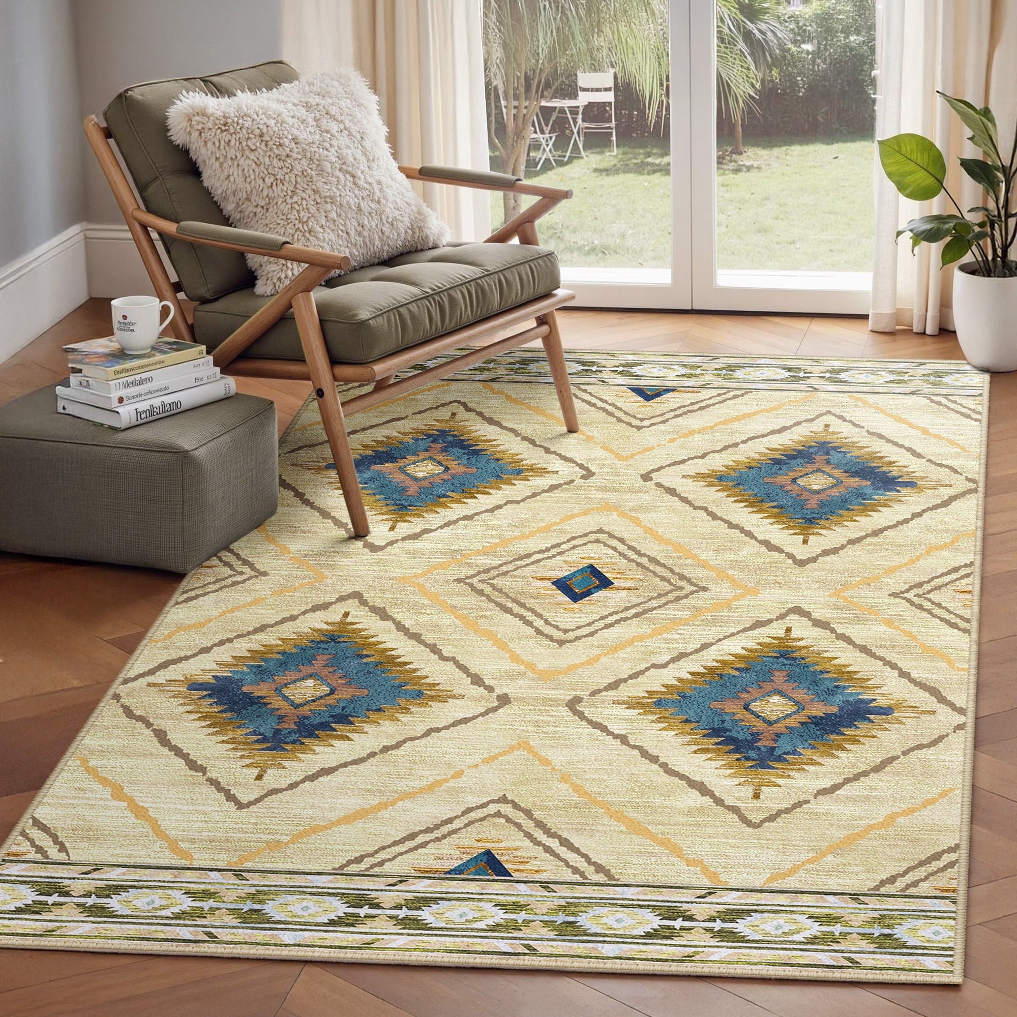 3'x5' Area Rugs for Living Room, Machine Washable Non-Slip Rugs, Low Pile Print Pattern Vintage Distressed Moroccan Western Carpet, Khaki