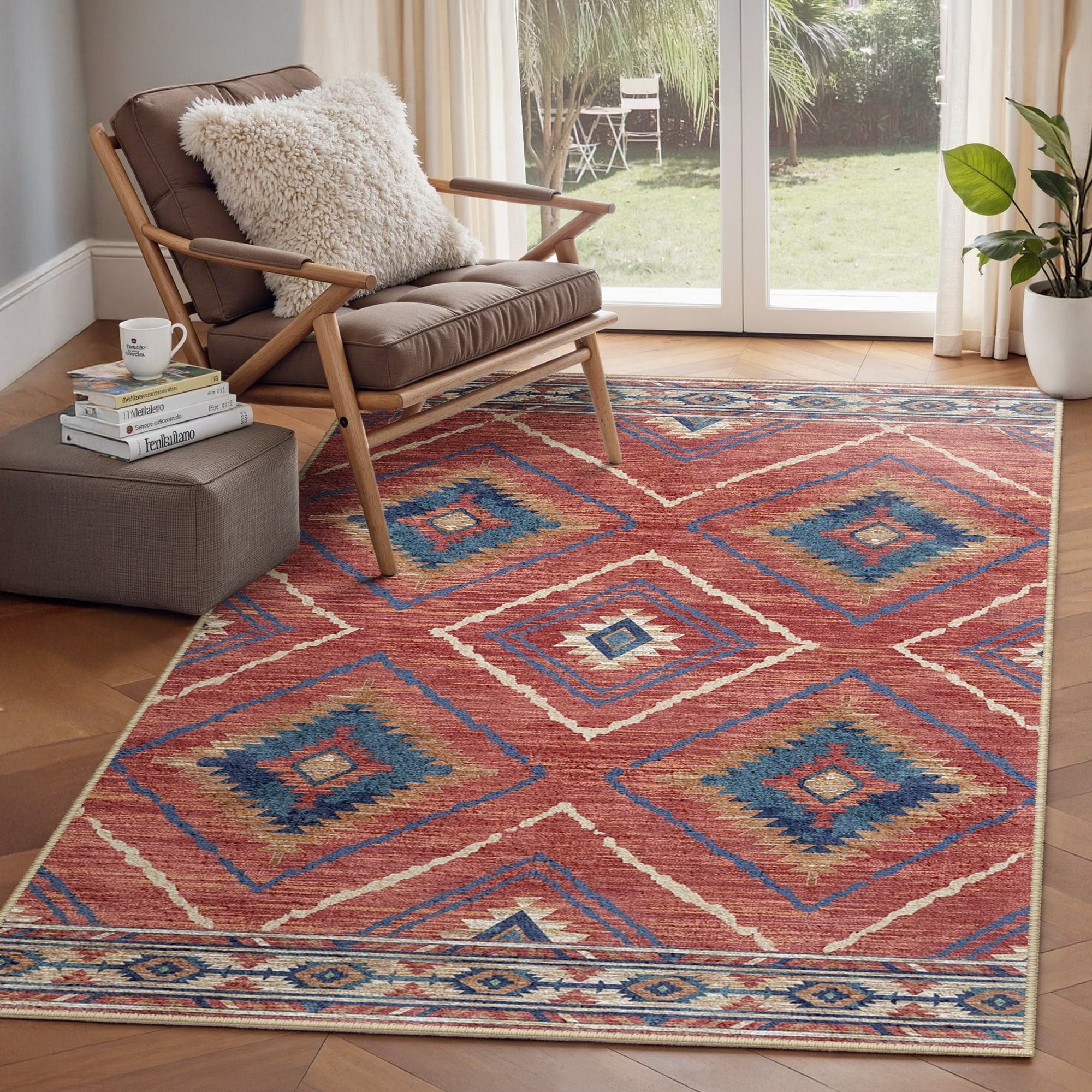 3'x5' Area Rugs for Living Room, Machine Washable Non-Slip Rugs, Low Pile Print Pattern Vintage Distressed Moroccan Western Carpet, Red