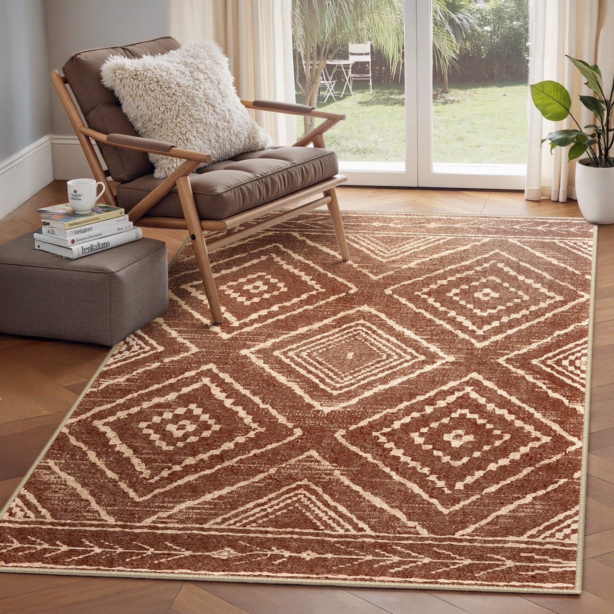3'x5' Area Rugs for Living Room, Machine Washable Non-Slip Rugs, Low Pile Print Pattern Vintage Distressed Moroccan Western Carpet, Yellowbrown
