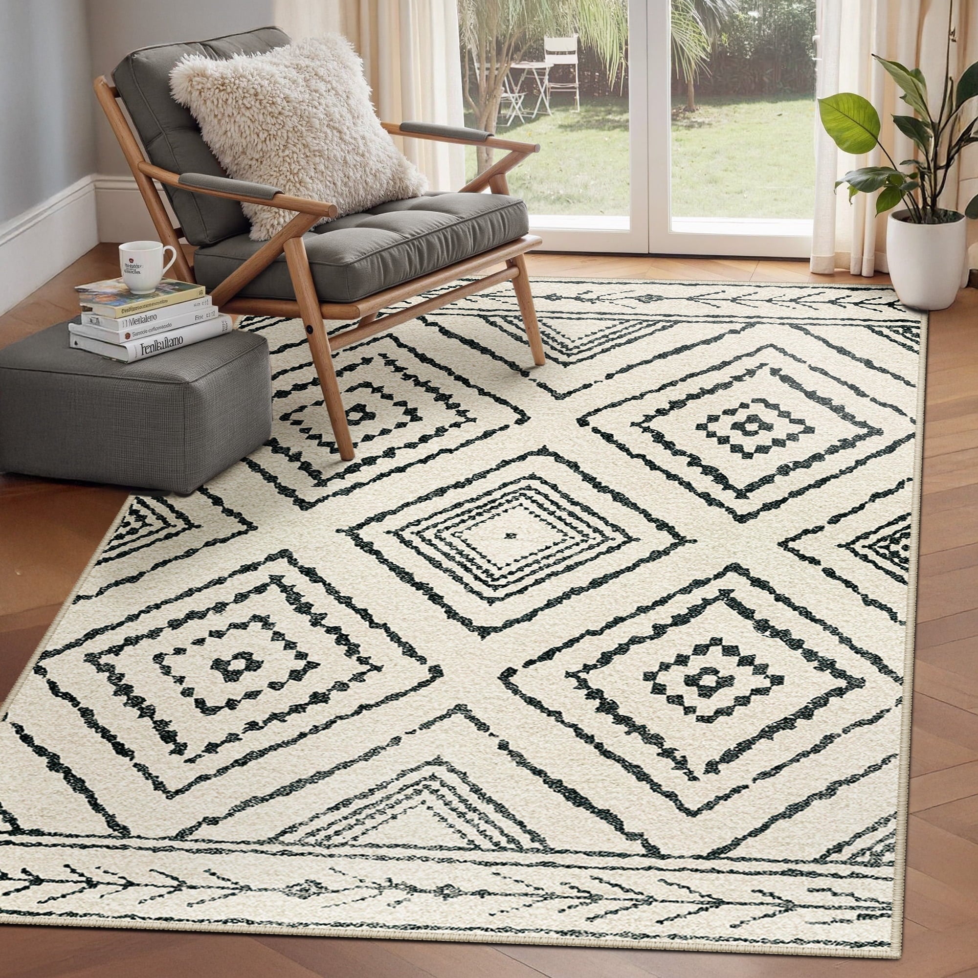 4'x6' Area Rugs for Living Room, Machine Washable Non-Slip Rugs, Low Pile Print Pattern Vintage Distressed Moroccan Western Carpet, White & Black