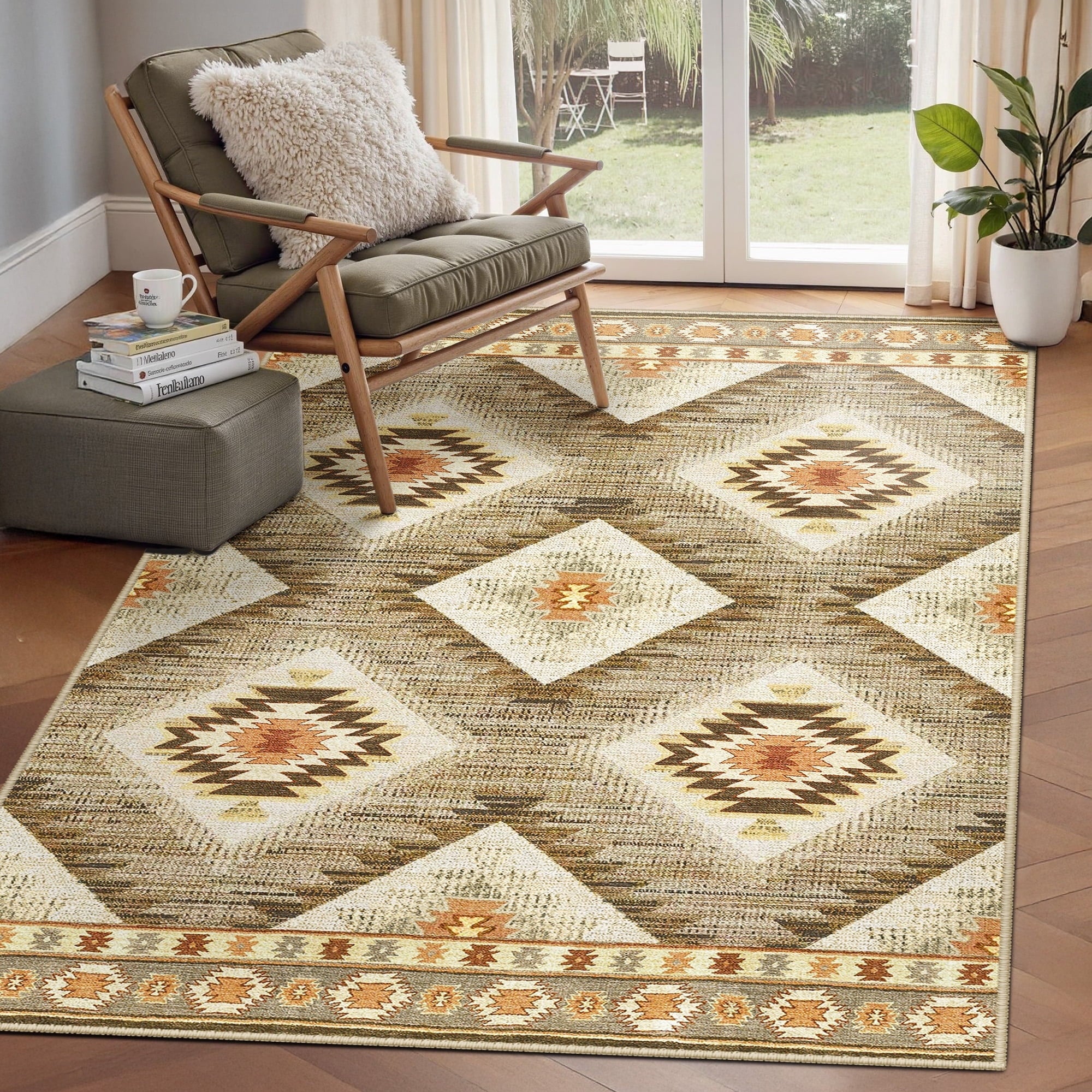 4'x6' Area Rugs for Living Room, Machine Washable Non-Slip Rugs, Low Pile Print Pattern Vintage Distressed Moroccan Western Carpet, Camel