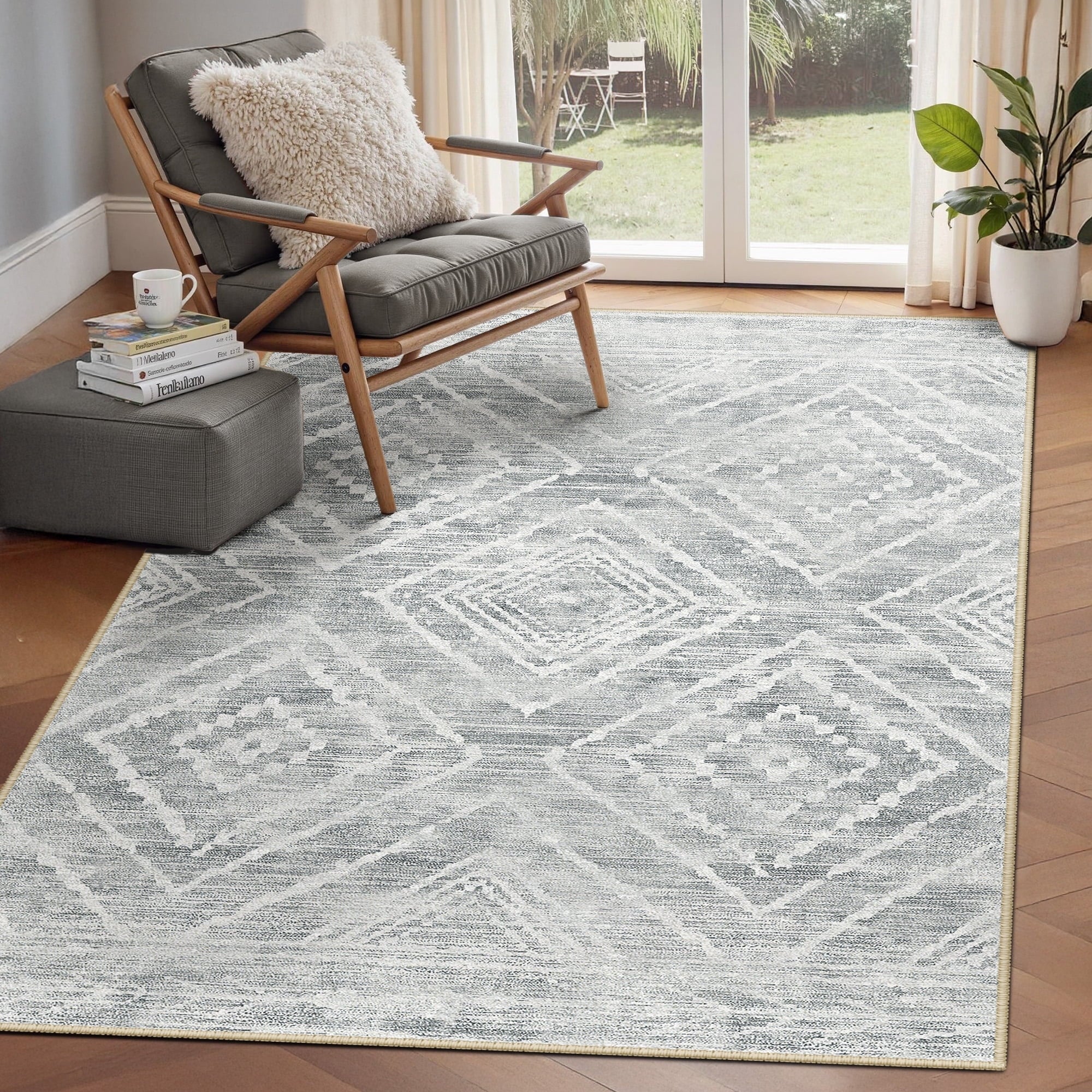 4'x6' Area Rugs for Living Room, Machine Washable Non-Slip Rugs, Low Pile Print Pattern Vintage Distressed Moroccan Western Carpet, Light Gray