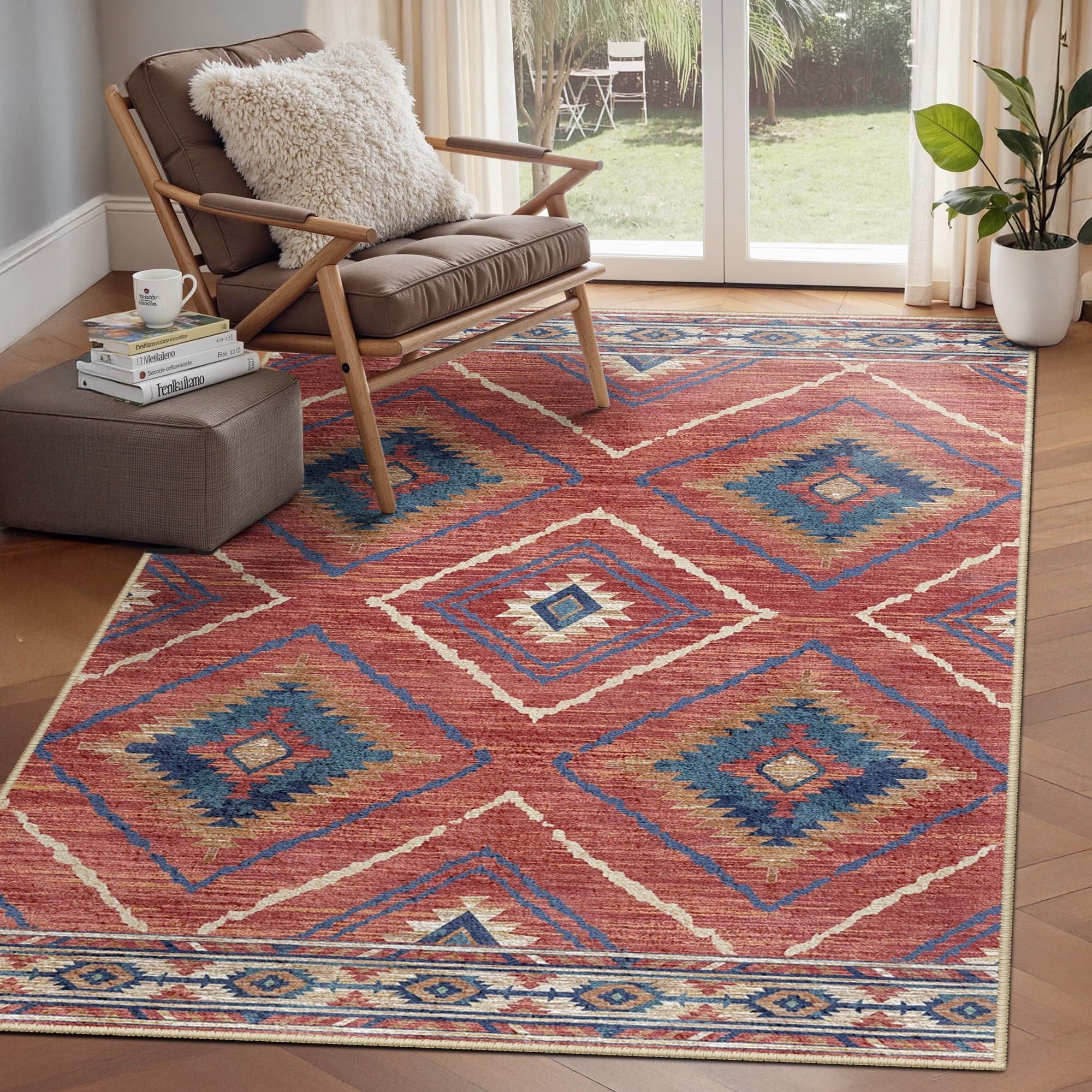 4'x6' Area Rugs for Living Room, Machine Washable Non-Slip Rugs, Low Pile Print Pattern Vintage Distressed Moroccan Western Carpet, Red