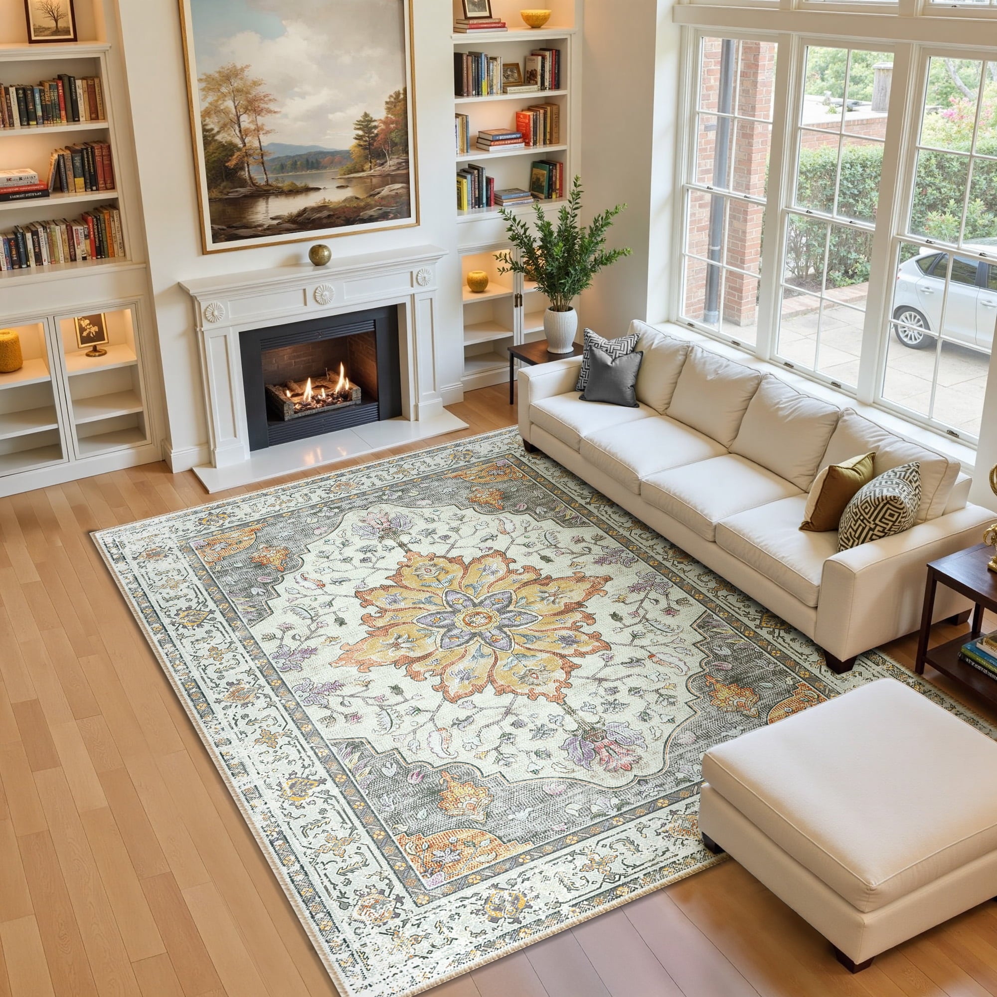 Area Rugs 5'x7' for Living Room, Machine Washable Non-Slip Bedroom Rug, Low Pile Floral Vintage Distress Print Pattern Medallion Carpet, Light Yellow Gray