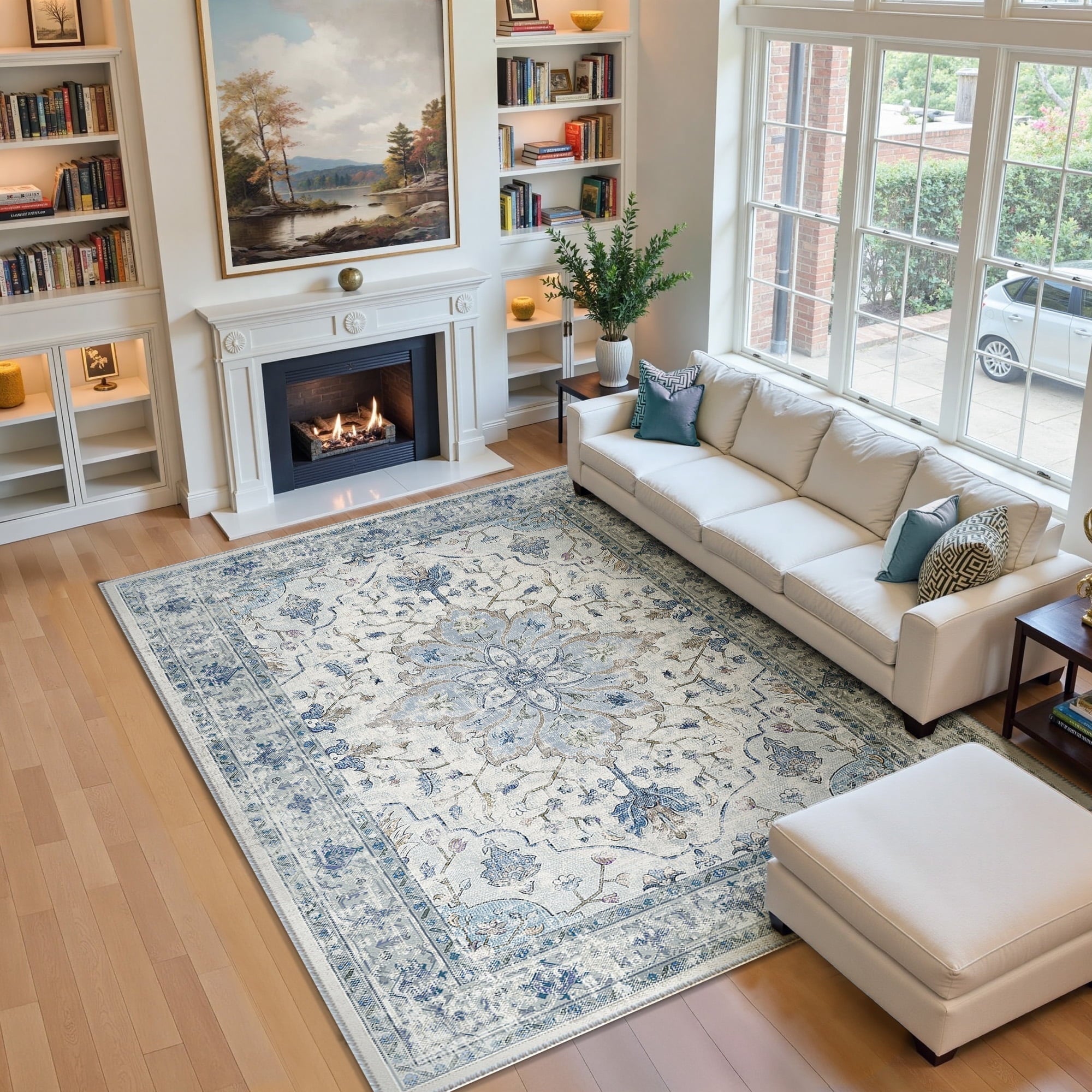 Area Rugs 5'x7' for Living Room, Machine Washable Non-Slip Bedroom Rug, Low Pile Floral Vintage Distress Print Pattern Medallion Carpet, Blue Beige