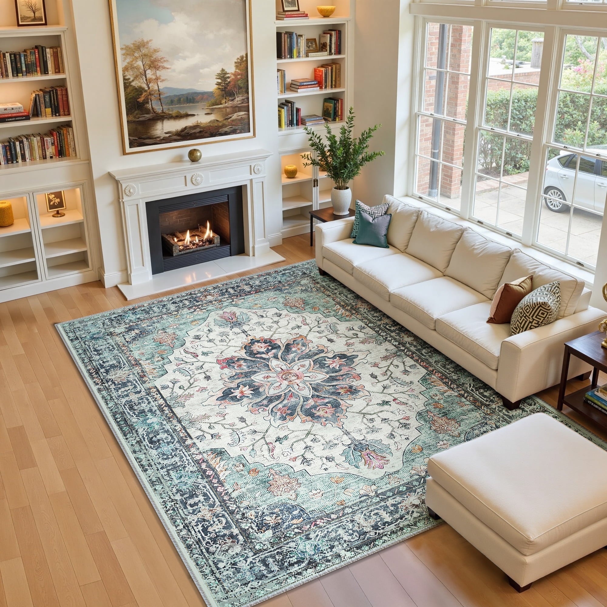 Area Rugs 5'x7' for Living Room, Machine Washable Non-Slip Bedroom Rug, Low Pile Floral Vintage Distress Print Pattern Medallion Carpet, Navy Blue White