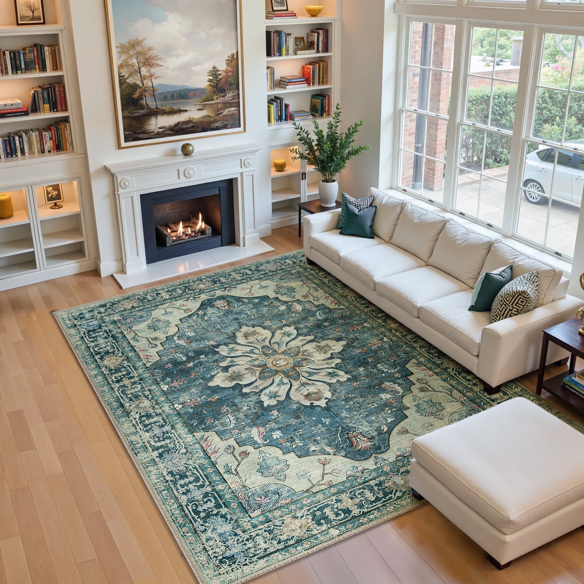Area Rugs 5'x7' for Living Room, Machine Washable Non-Slip Bedroom Rug, Low Pile Floral Vintage Distress Print Pattern Medallion Carpet, Dark Blue