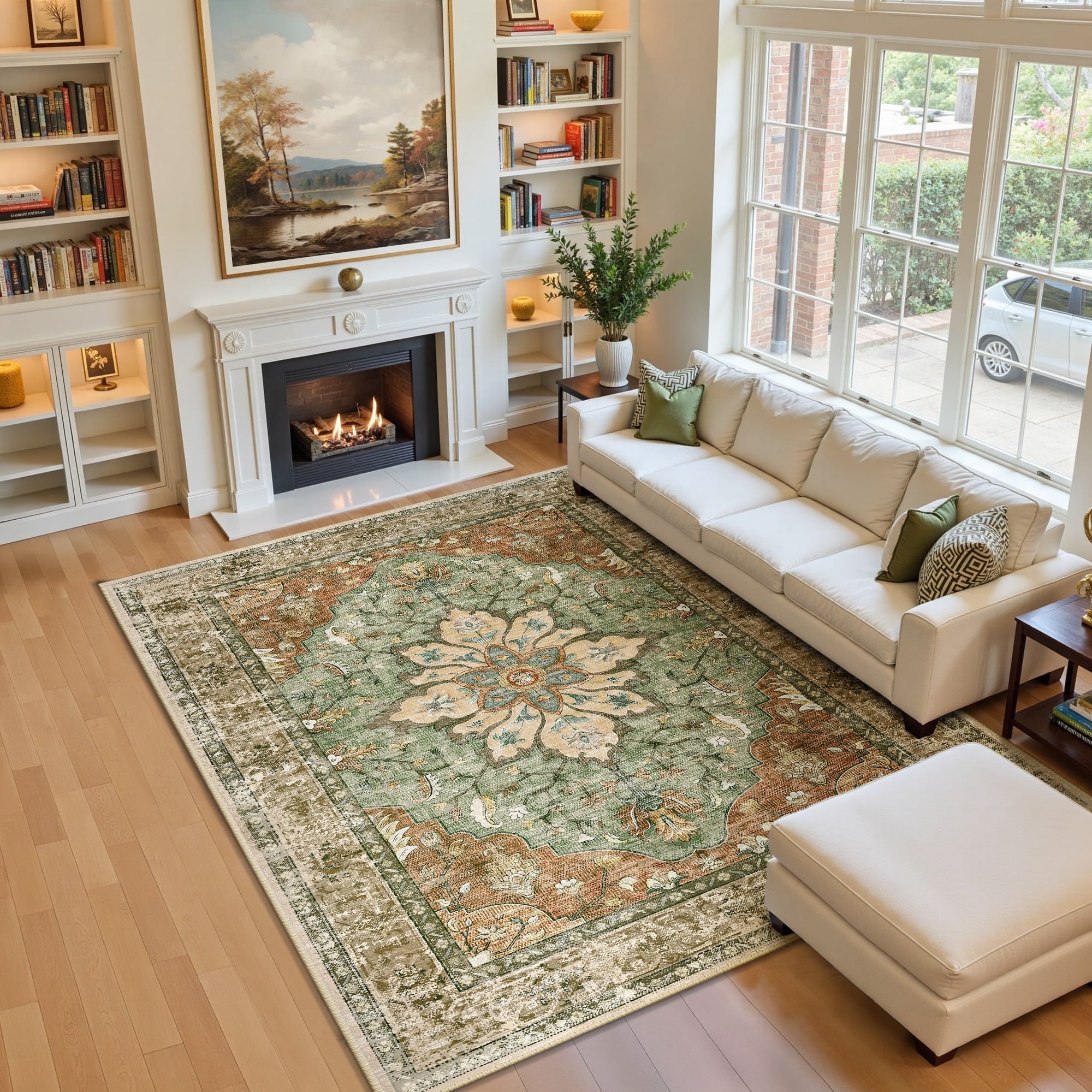 Area Rugs 5'x7' for Living Room, Machine Washable Non-Slip Bedroom Rug, Low Pile Floral Vintage Distress Print Pattern Medallion Carpet, Brick Red Green