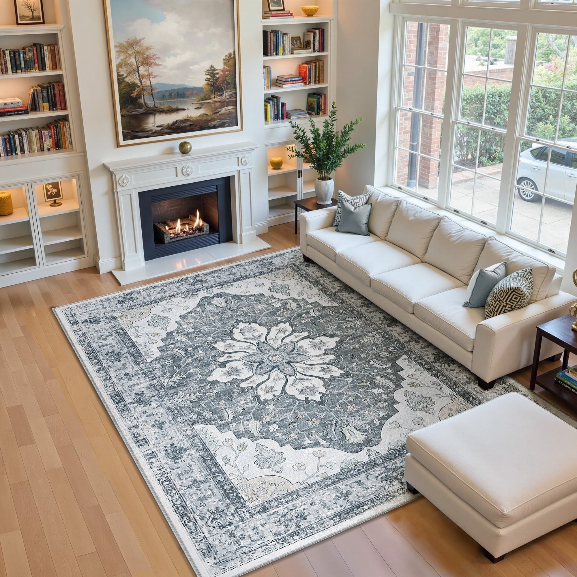 Area Rugs 5'x7' for Living Room, Machine Washable Non-Slip Bedroom Rug, Low Pile Floral Vintage Distress Print Pattern Medallion Carpet, Gray White