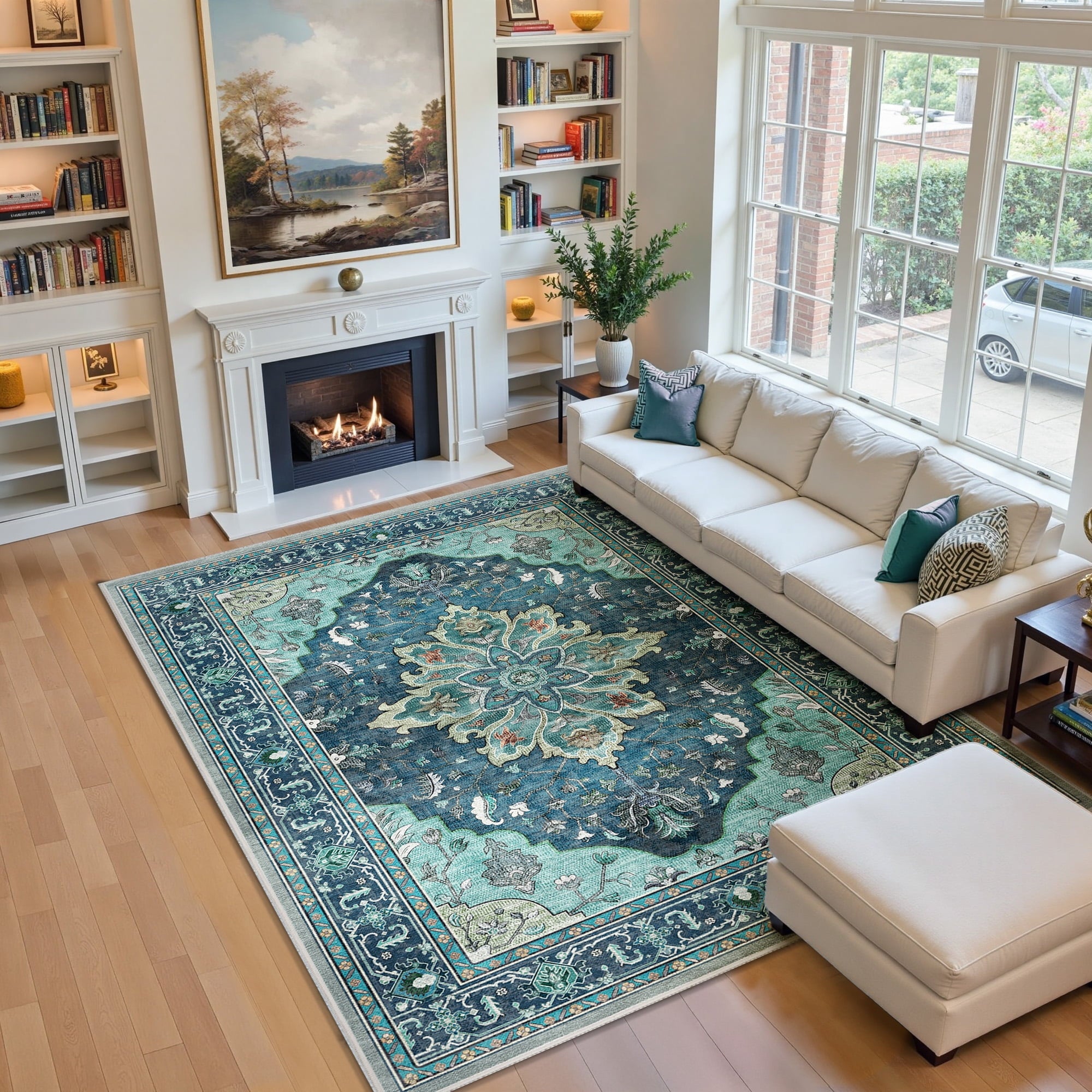 Area Rugs 5'x7' for Living Room, Machine Washable Non-Slip Bedroom Rug, Low Pile Floral Vintage Distress Print Pattern Medallion Carpet, Teal Green
