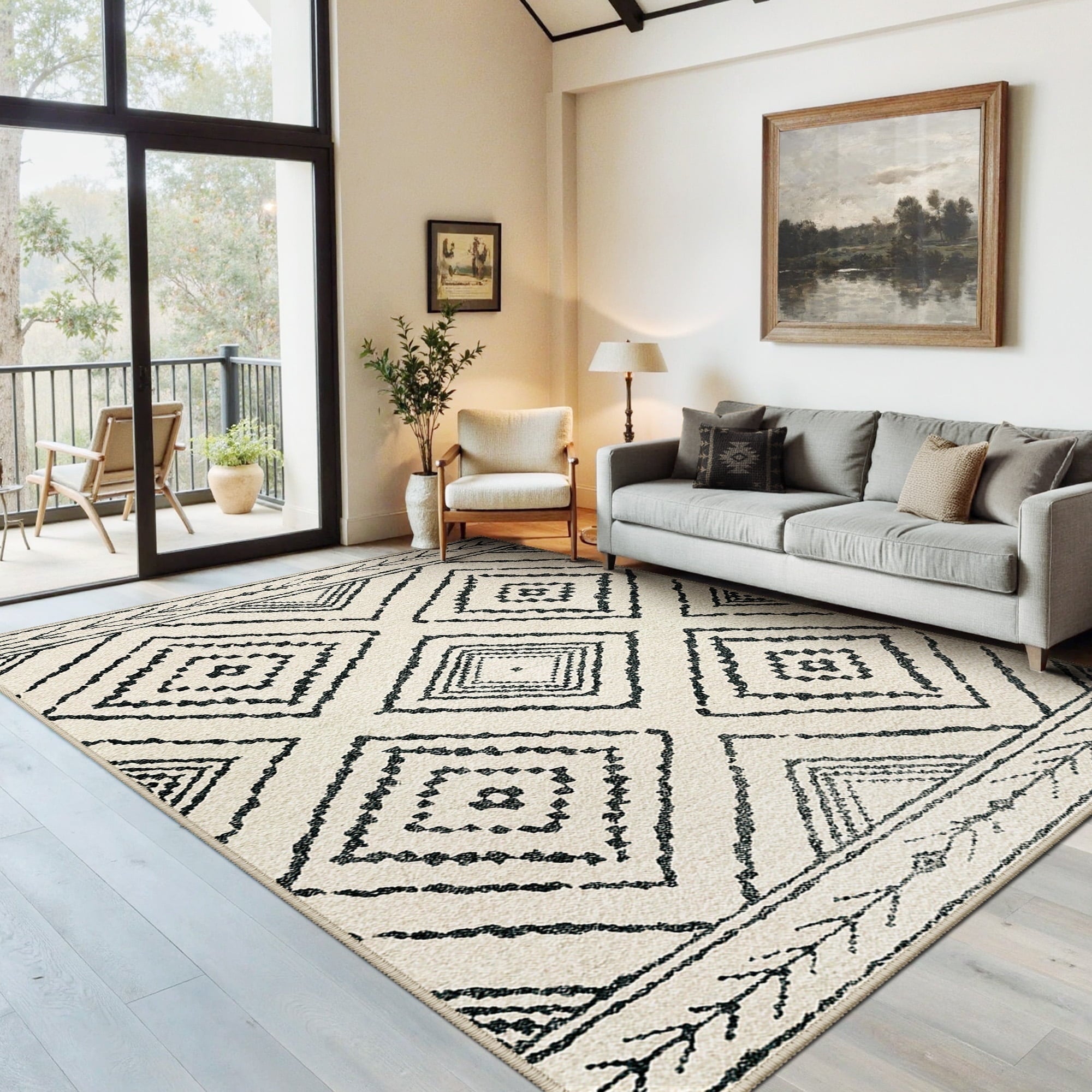 5'x7' Area Rugs for Living Room, Machine Washable Non-Slip Rugs, Low Pile Print Pattern Vintage Distressed Moroccan Western Carpet, White & Black