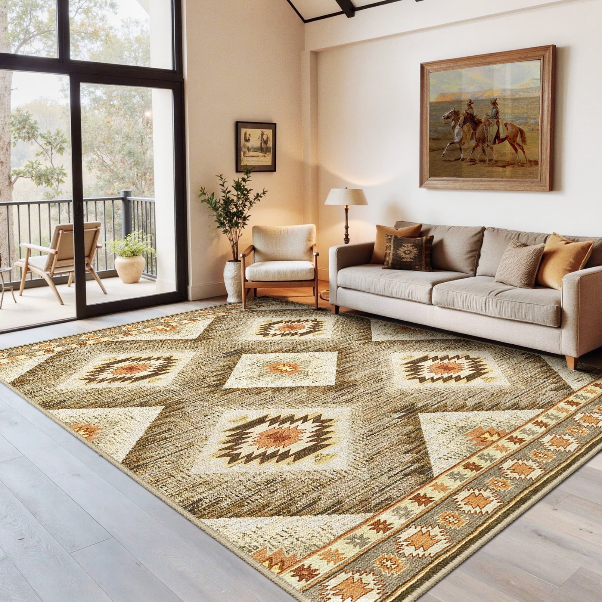 5'x7' Area Rugs for Living Room, Machine Washable Non-Slip Rugs, Low Pile Print Pattern Vintage Distressed Moroccan Western Carpet, Camel