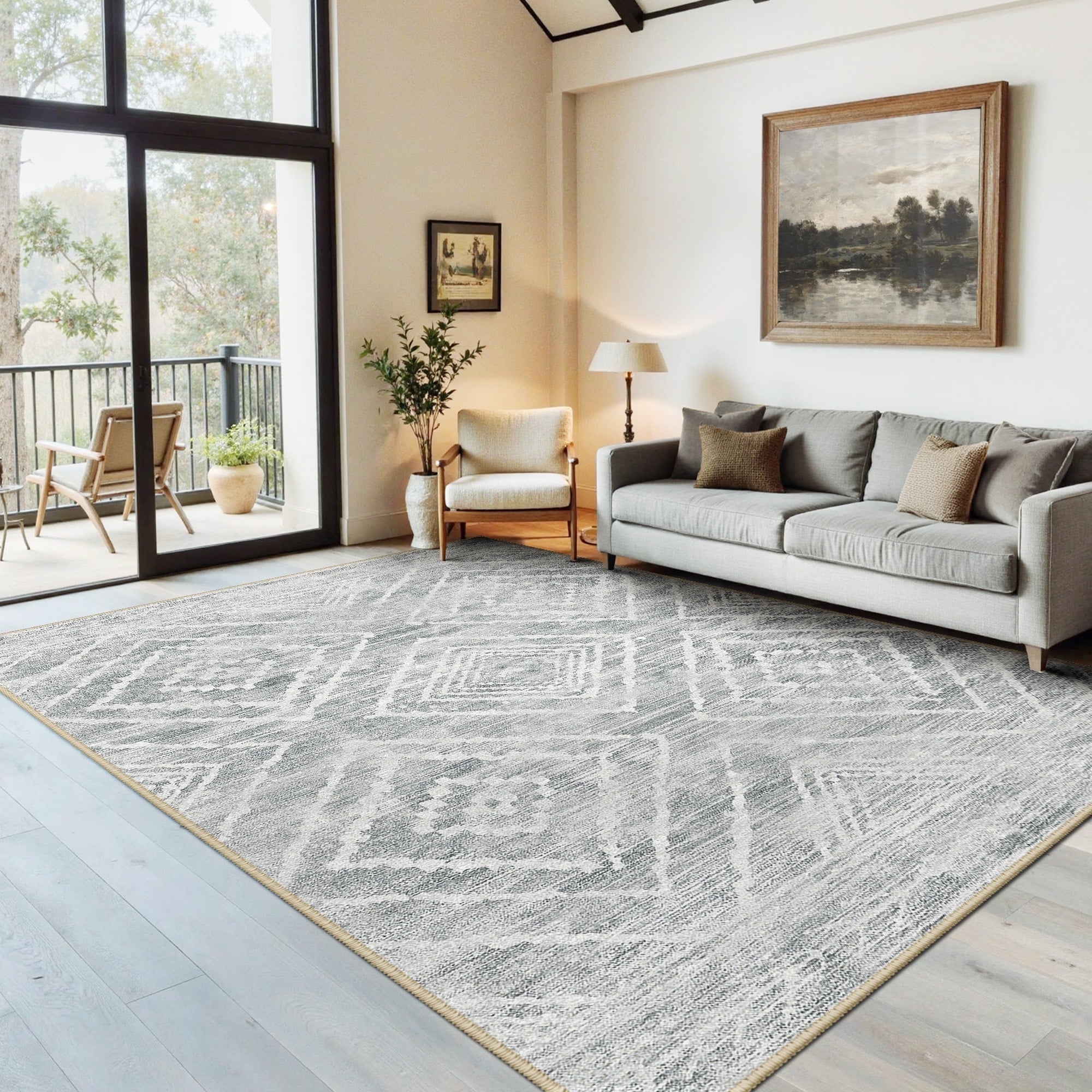 5'x7' Area Rugs for Living Room, Machine Washable Non-Slip Rugs, Low Pile Print Pattern Vintage Distressed Moroccan Western Carpet, Light Gray