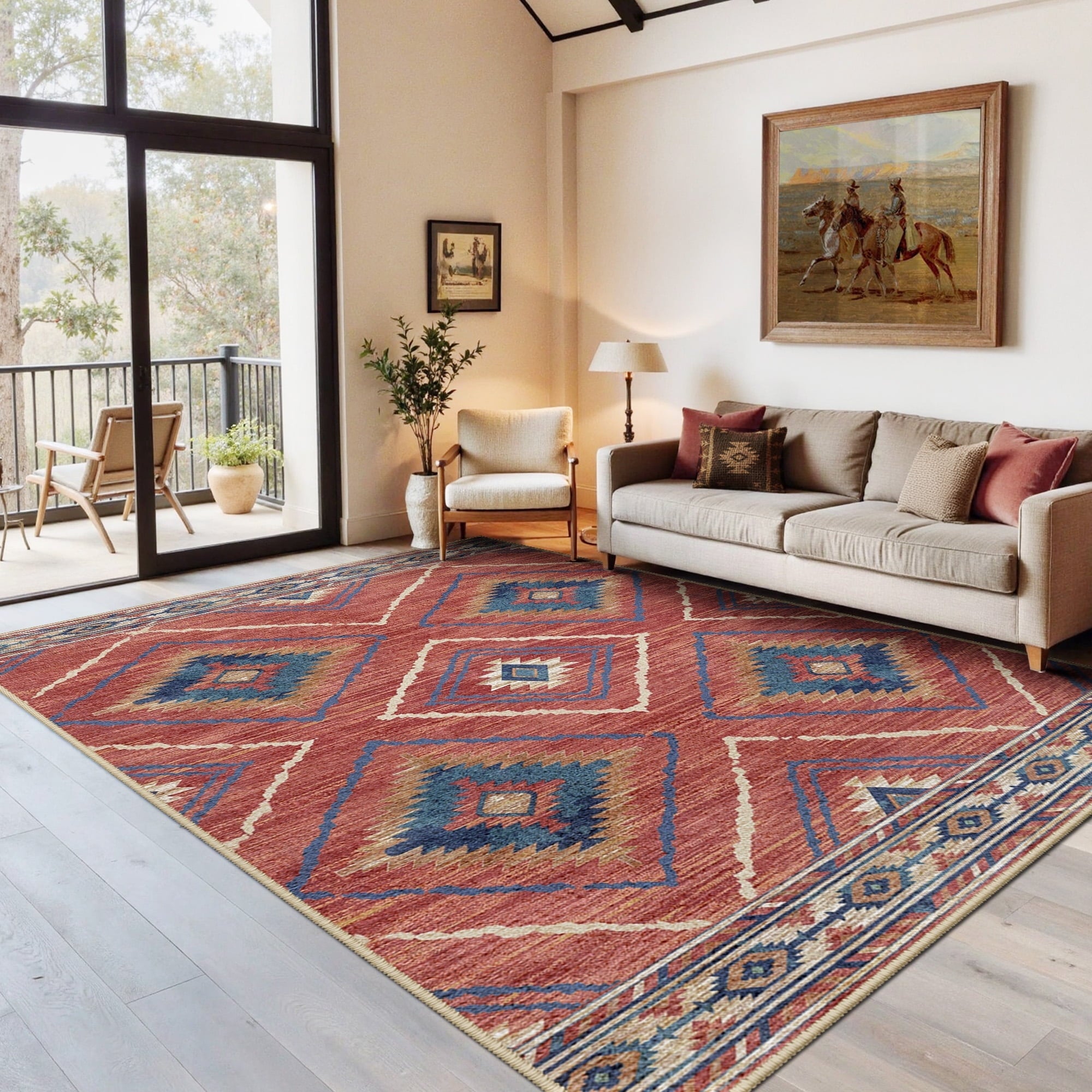 5'x7' Area Rugs for Living Room, Machine Washable Non-Slip Rugs, Low Pile Print Pattern Vintage Distressed Moroccan Western Carpet, Red