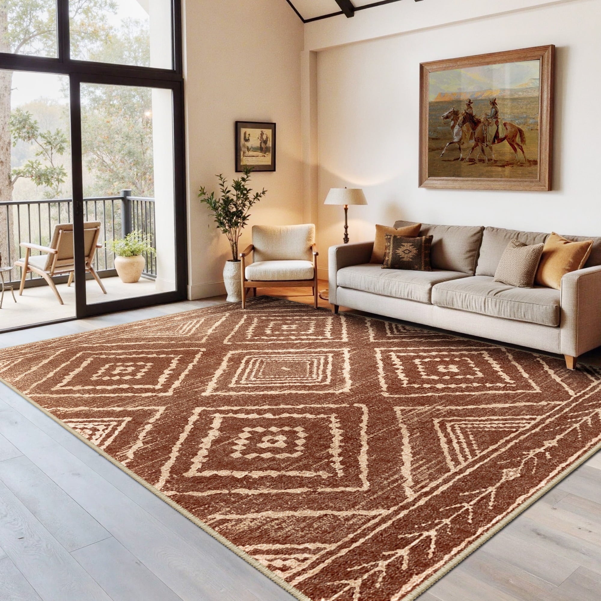 5'x7' Area Rugs for Living Room, Machine Washable Non-Slip Rugs, Low Pile Print Pattern Vintage Distressed Moroccan Western Carpet, Yellowbrown
