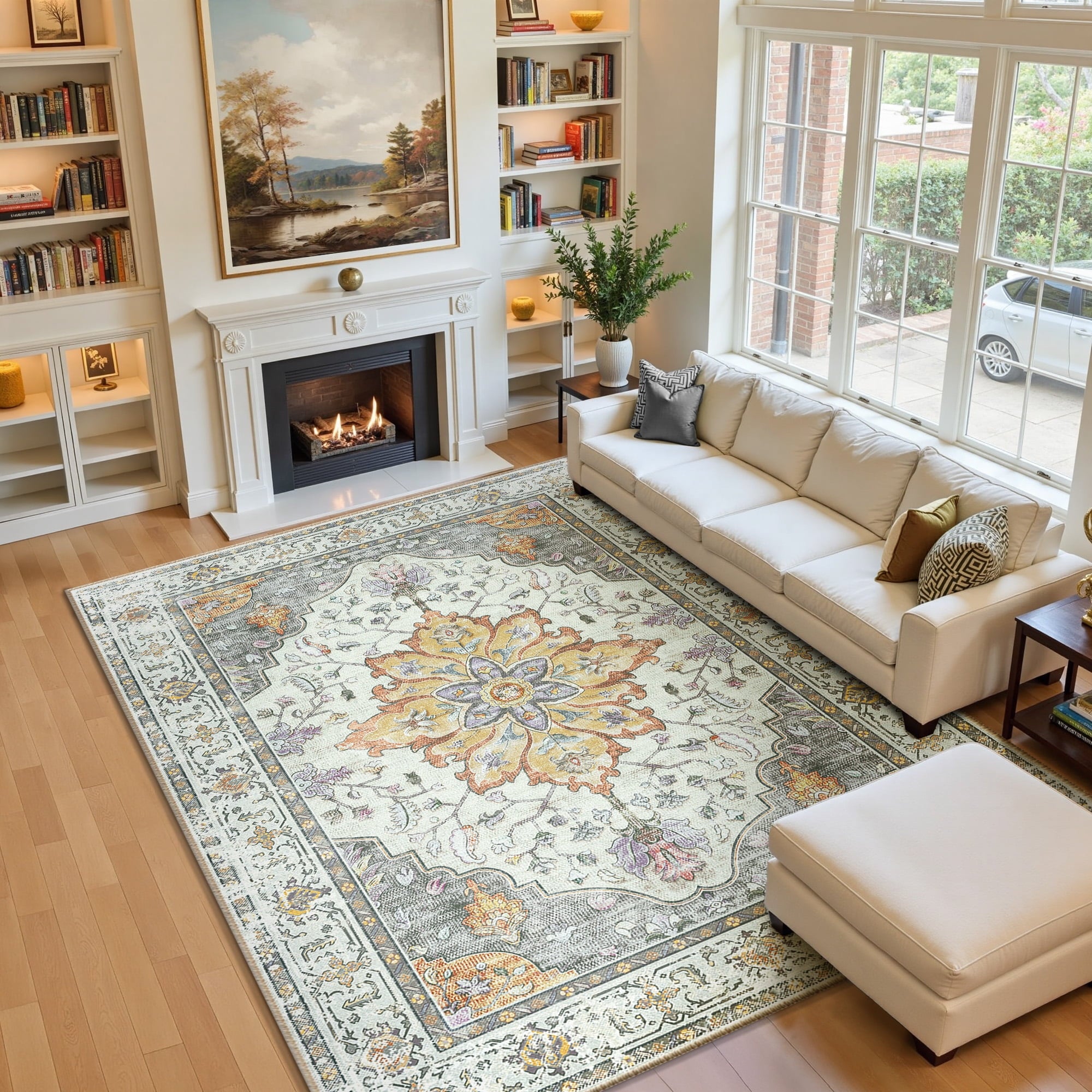 Area Rugs 6'x9' for Living Room, Machine Washable Non-Slip Bedroom Rug, Low Pile Floral Vintage Distress Print Pattern Medallion Carpet, Light Yellow Gray